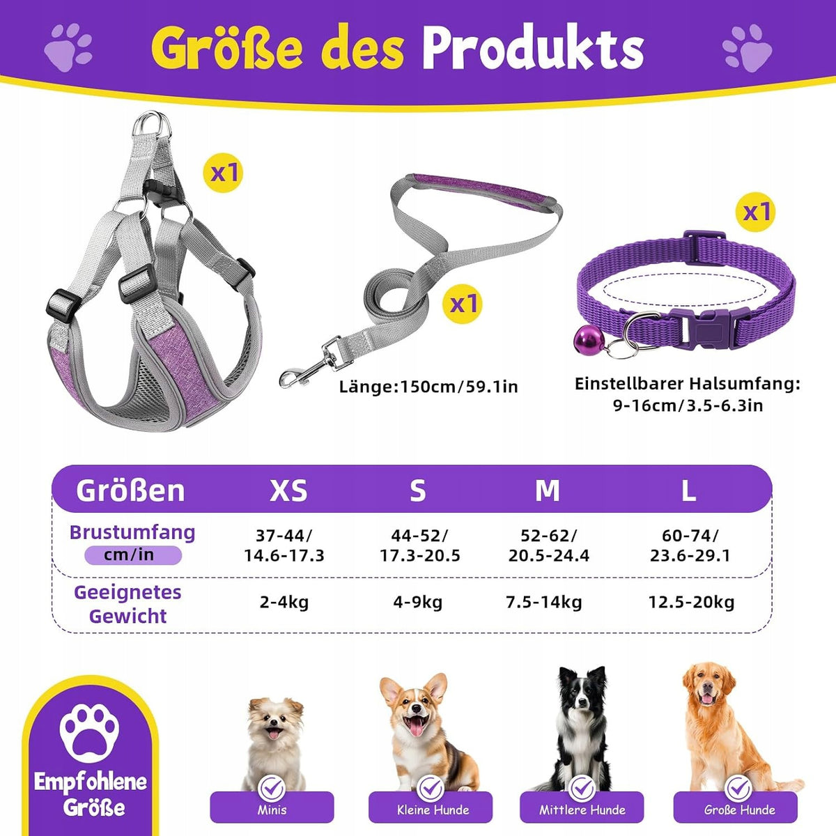 Set Chest Harness and Dog Leash Adjustable Reflective Breathable S Packaging status original
