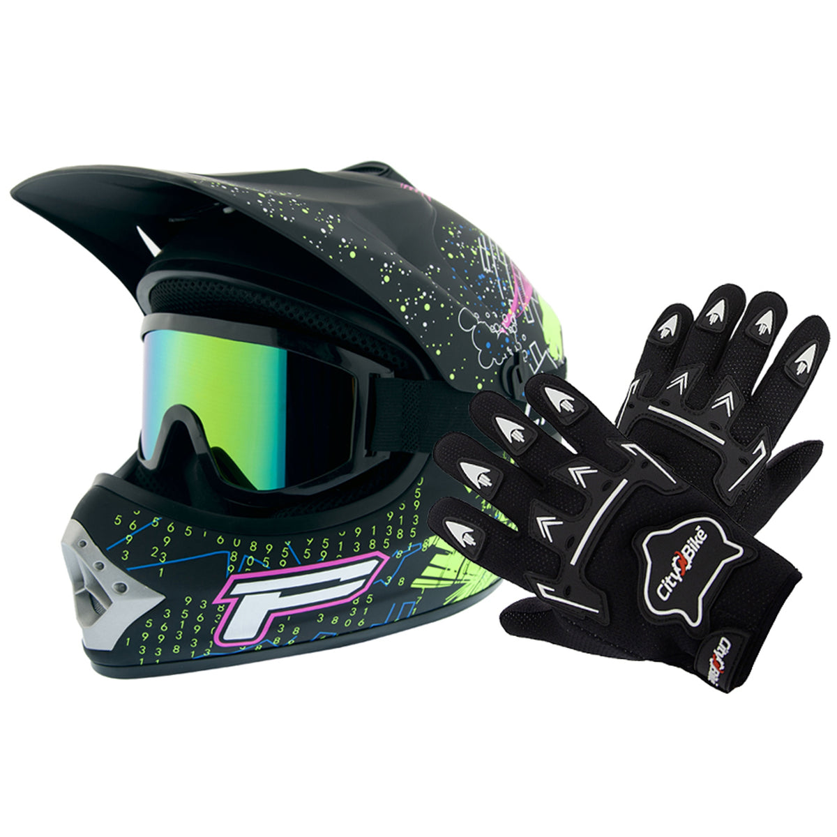 Set Cross Helmet Goggles and Gloves for Cross Enduro BMX Quad Scooter S