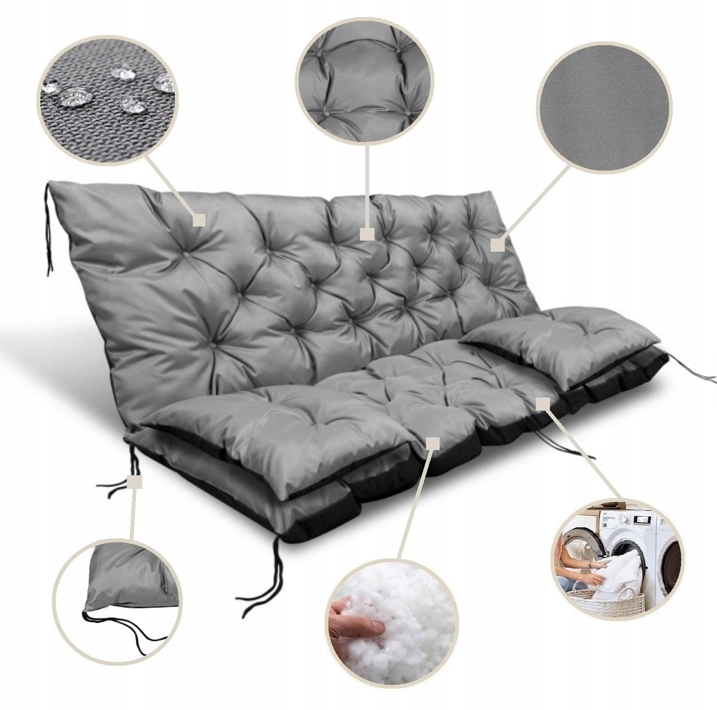 Set Garden Cushion 180x60x50 cm for Bench Swing Waterproof Grey Pillow width 60 cm
