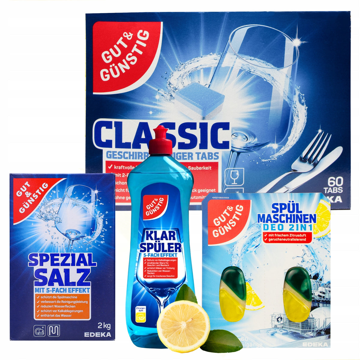 Set Gut&Gunstig Dishwasher Capsules 60pcs Shine Salt 2kg Lemon