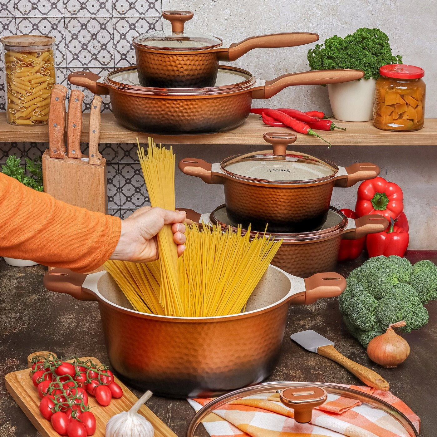 Set OF POTS INDUCTION PAN Starke Pro Texture Copper 10el 16/20/24/28 Color brown