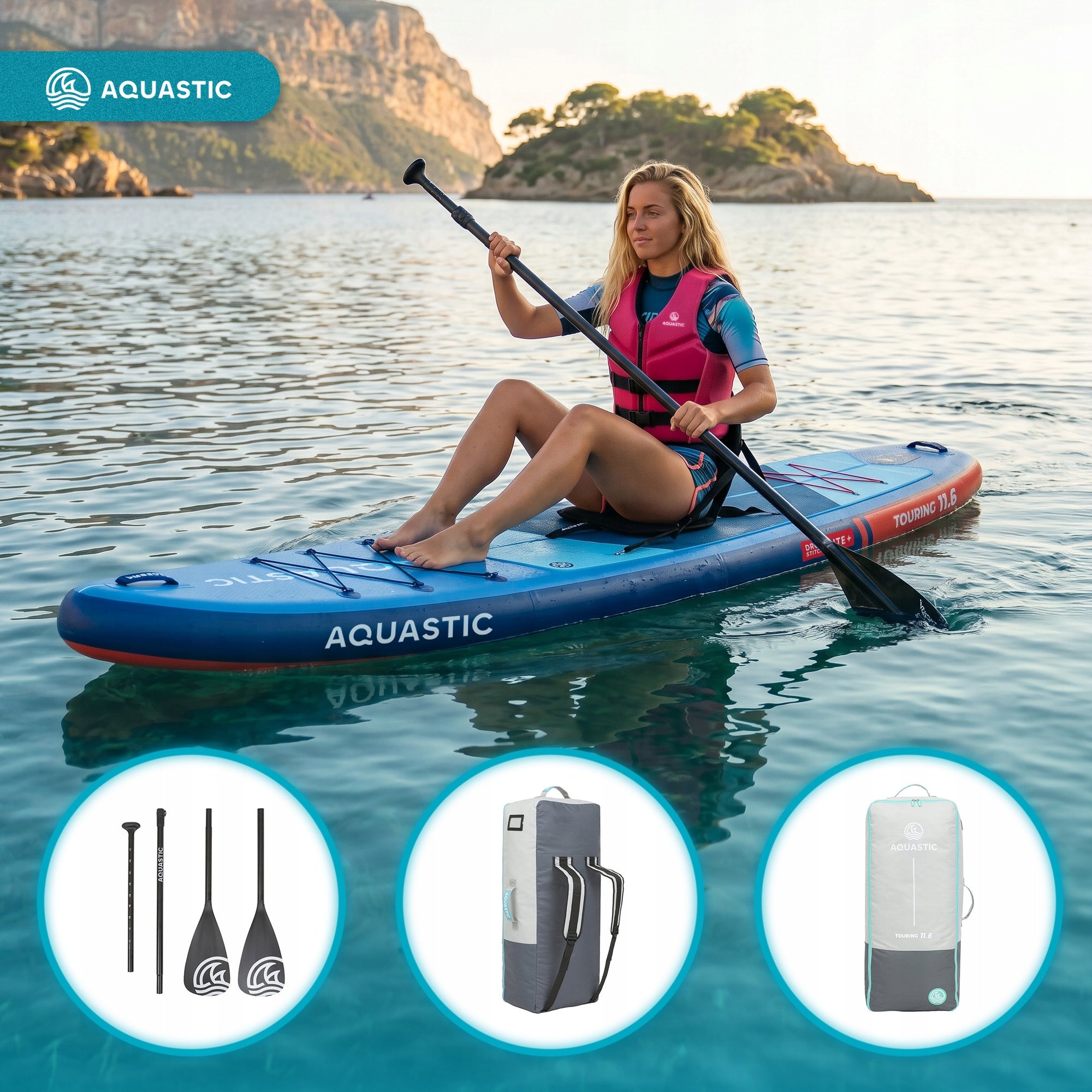 Set SUP board pumped AQUASTIC Touring 11'6" blue PADDLE PUMP Brand Aquastic