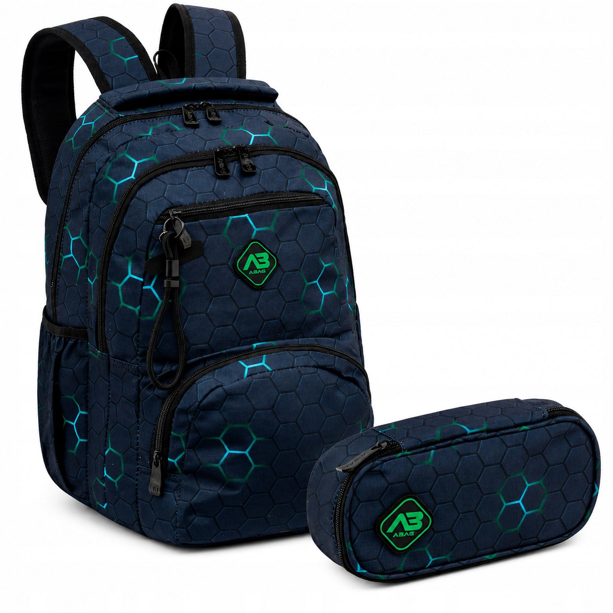 Set School backpack youth pencil case for boy black green 27L