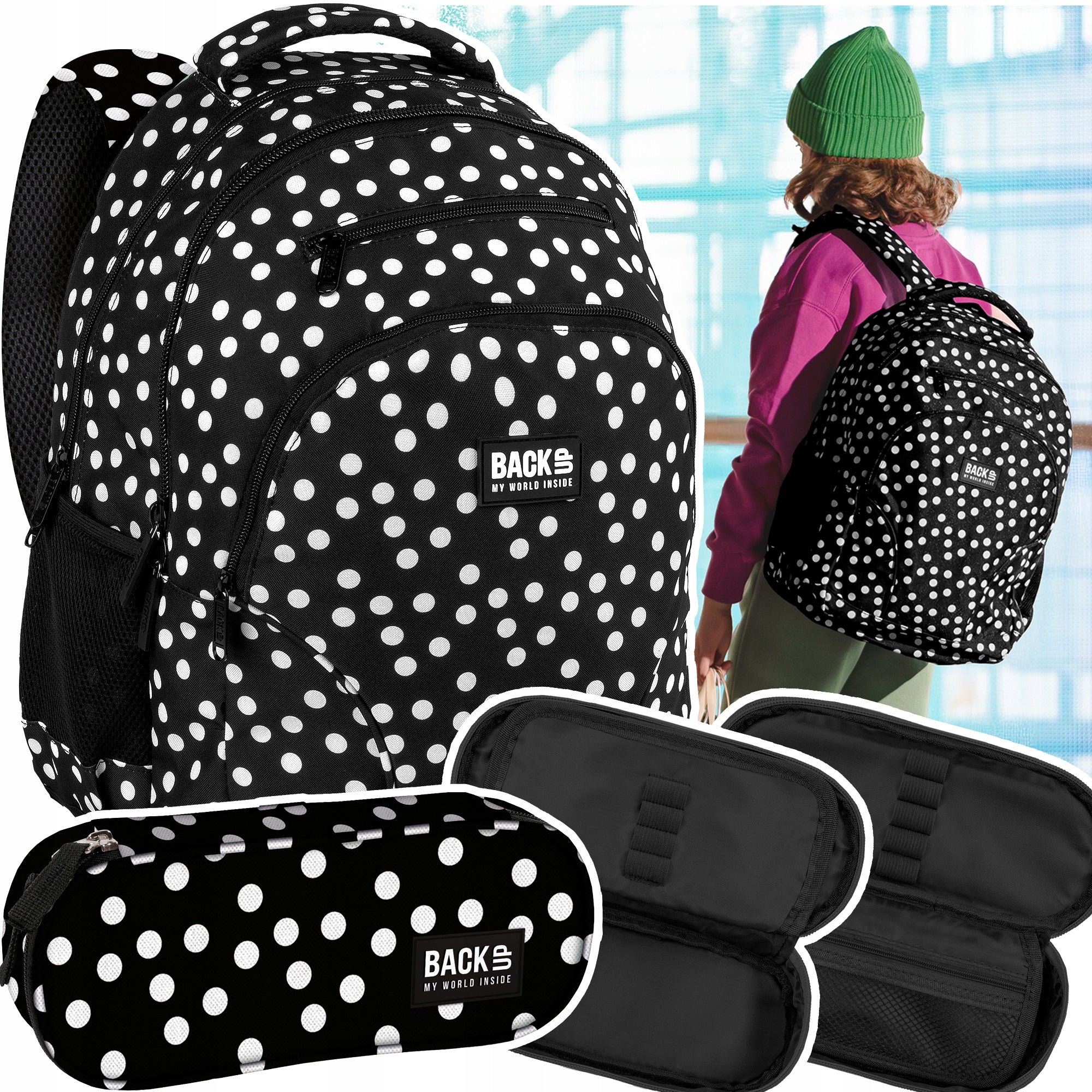 Set Youth School Backpack BackUP 30L RETRO PEAS BLACK WITH DOTS