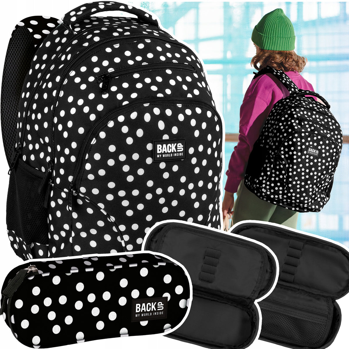Set Youth School Backpack BackUP 30L RETRO PEAS BLACK WITH DOTS