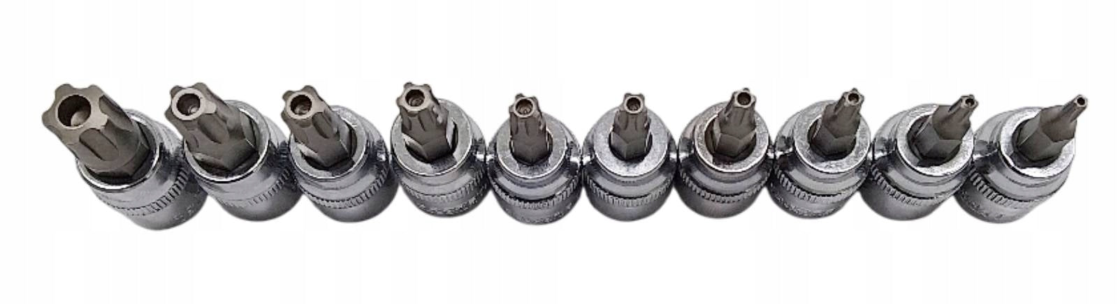 Set of 10 TORX bits with hole TX10-TX55 3/8" sockets Product weight with unit packaging 0.4 kg