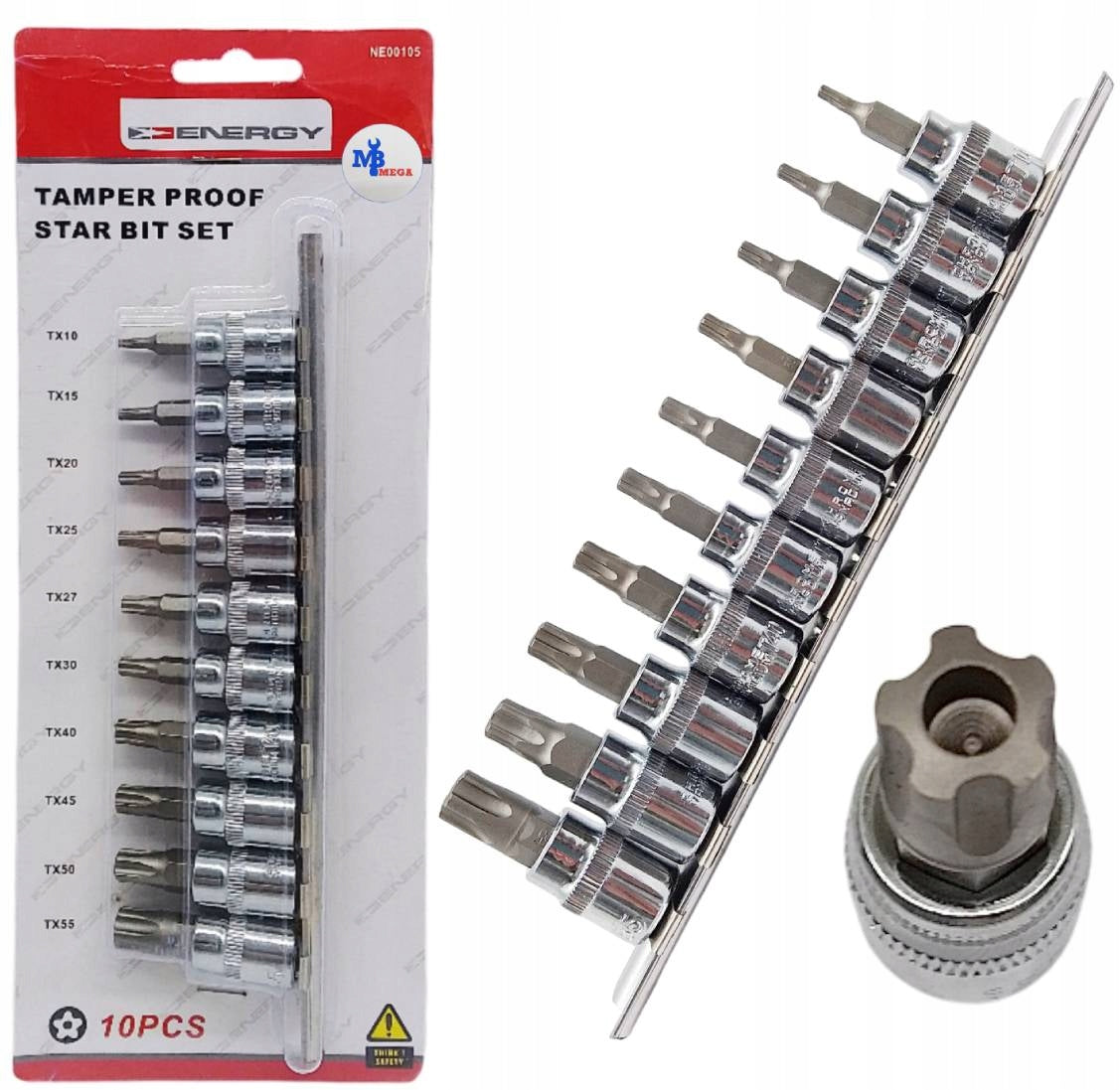 Set of 10 TORX bits with hole TX10-TX55 3/8" sockets