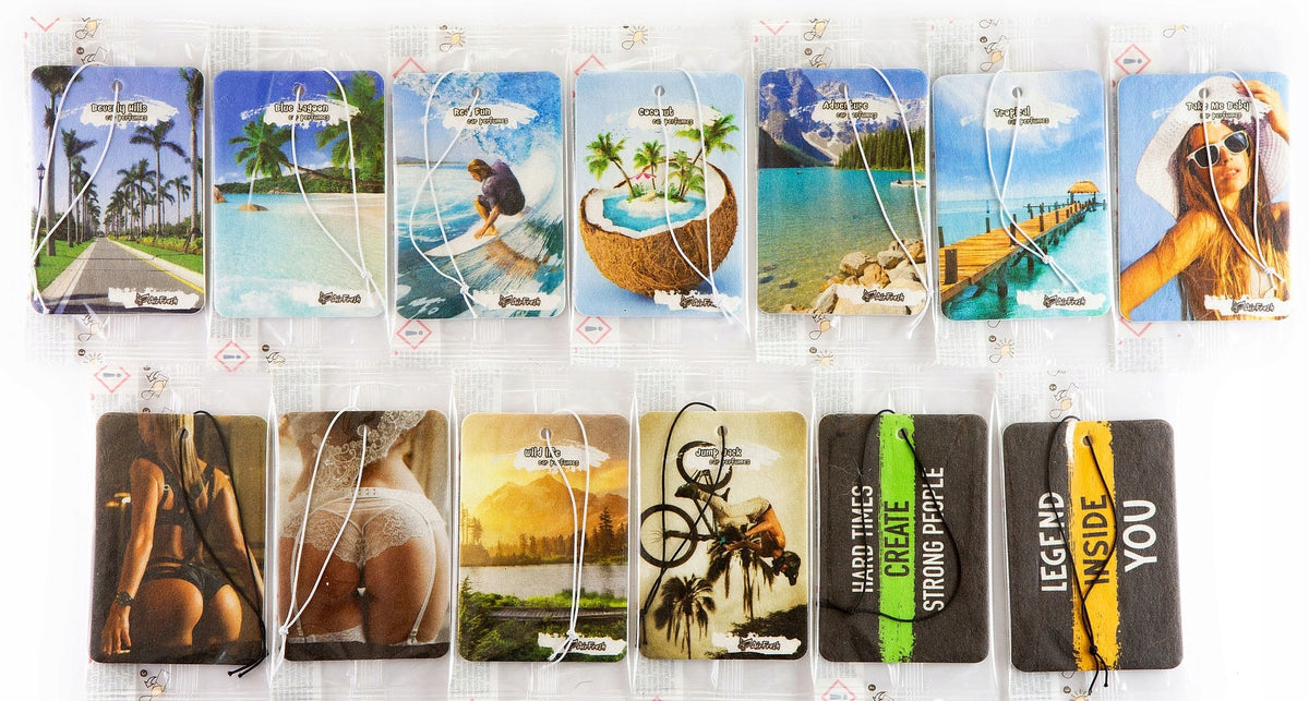 Set of 13 Car Fragrance Pendants – Mix of Designs and Fragrances Kind fragrance hangers