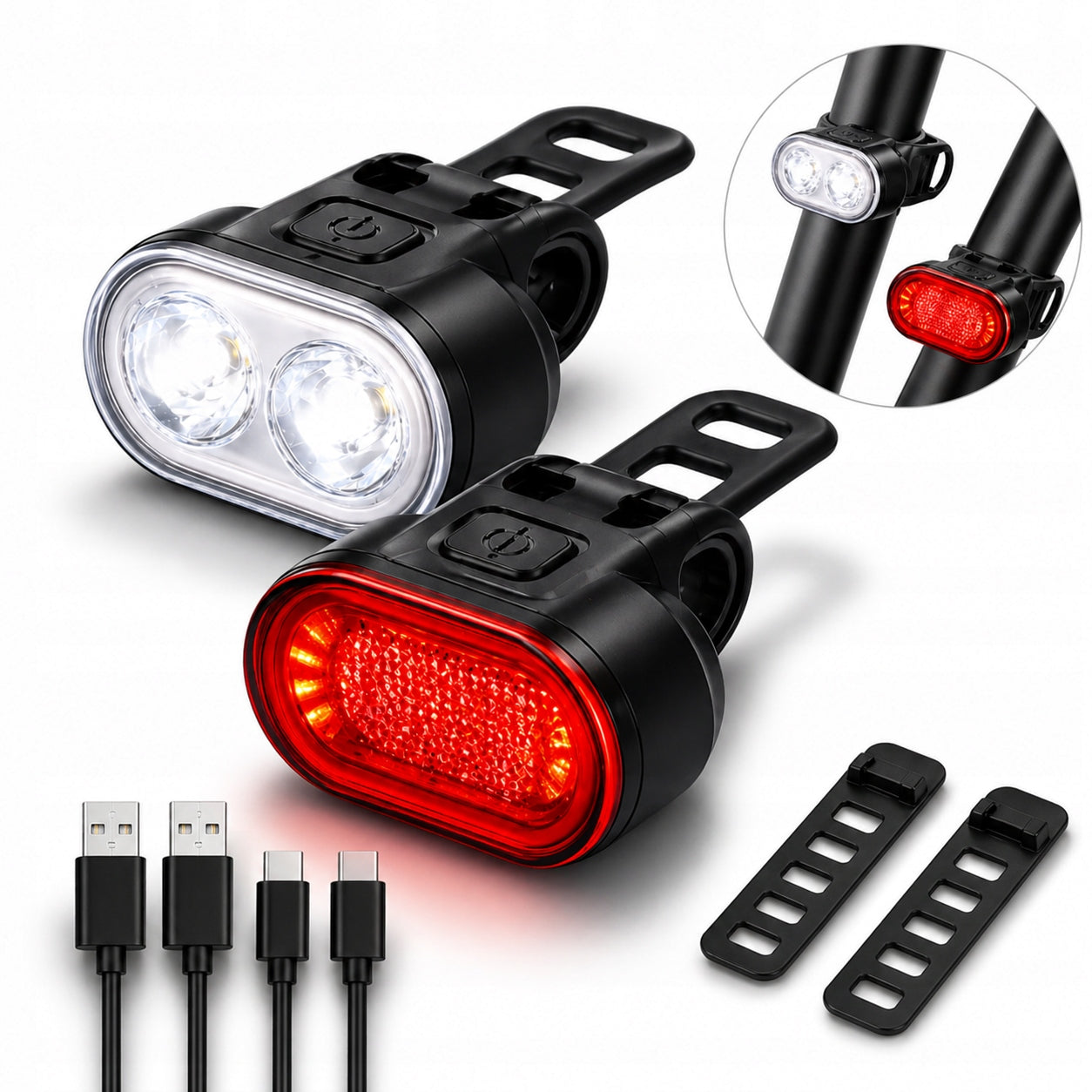Set of 2 powerful LED bicycle lights front and rear set of USB lights