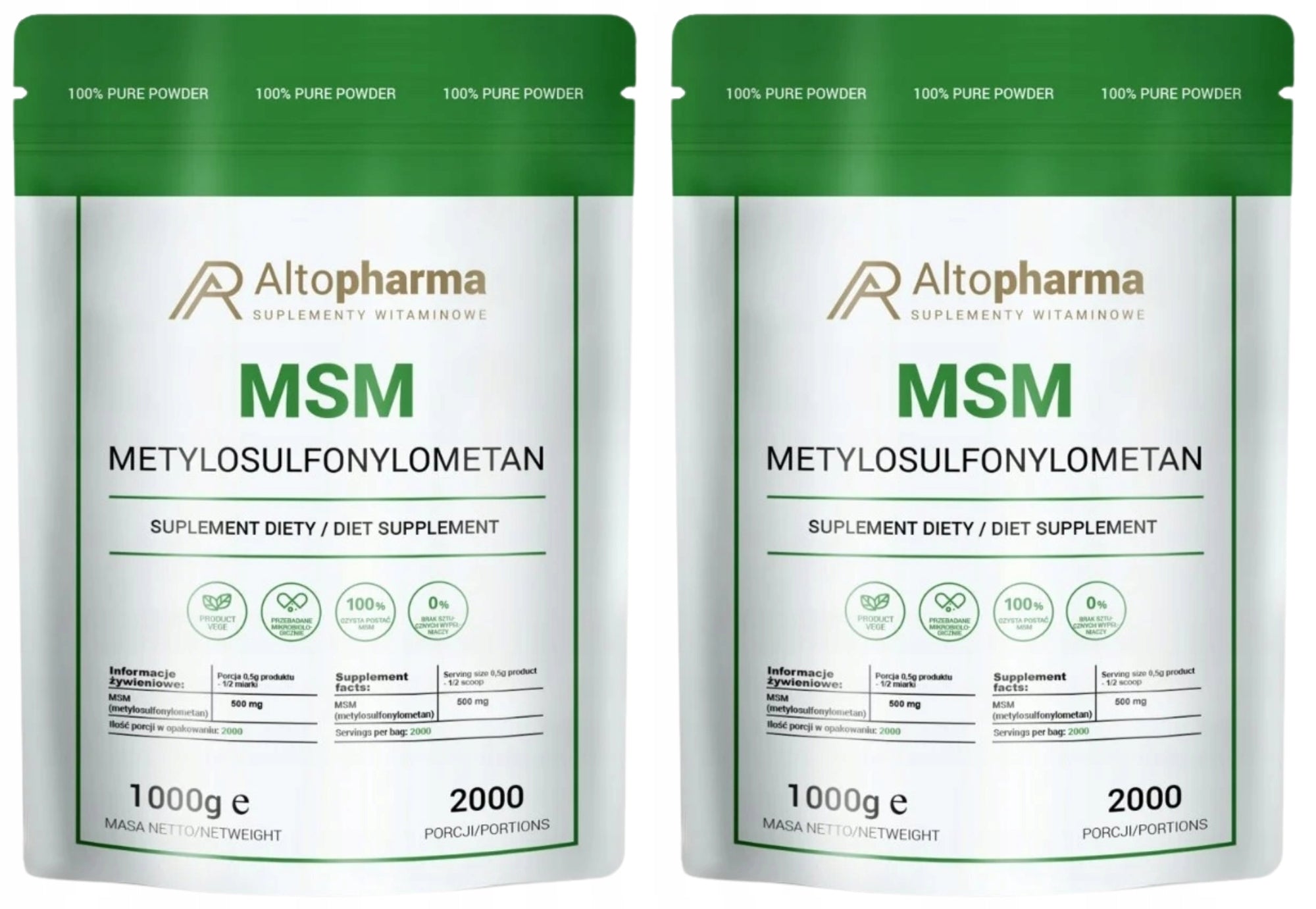 Set of 2x AltoPharma MSM 1 kg JOINTS BONES ORGANIC SULFUR 500 mg