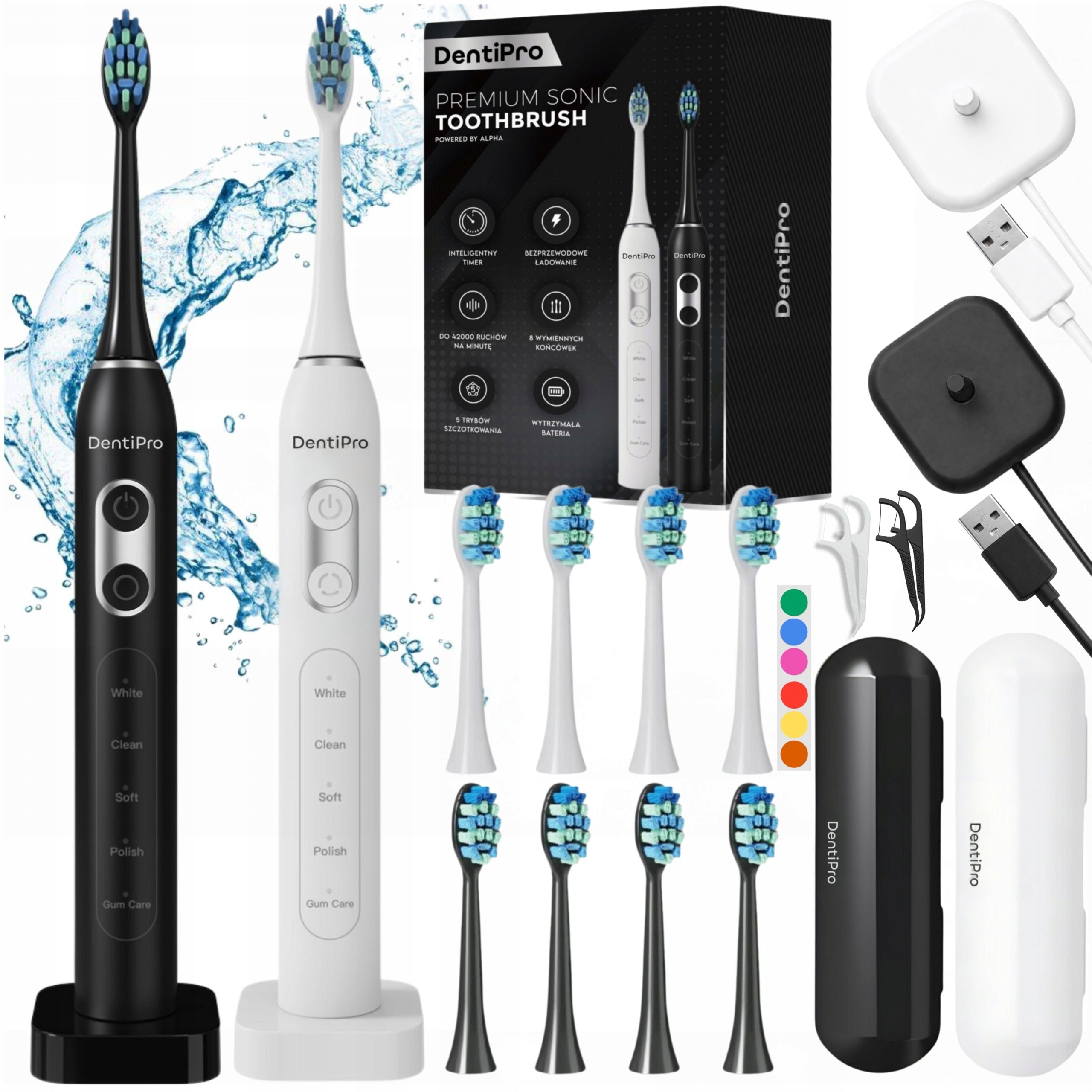 Set of 2x Sonic Toothbrush + Case + 8 Tips - Electric