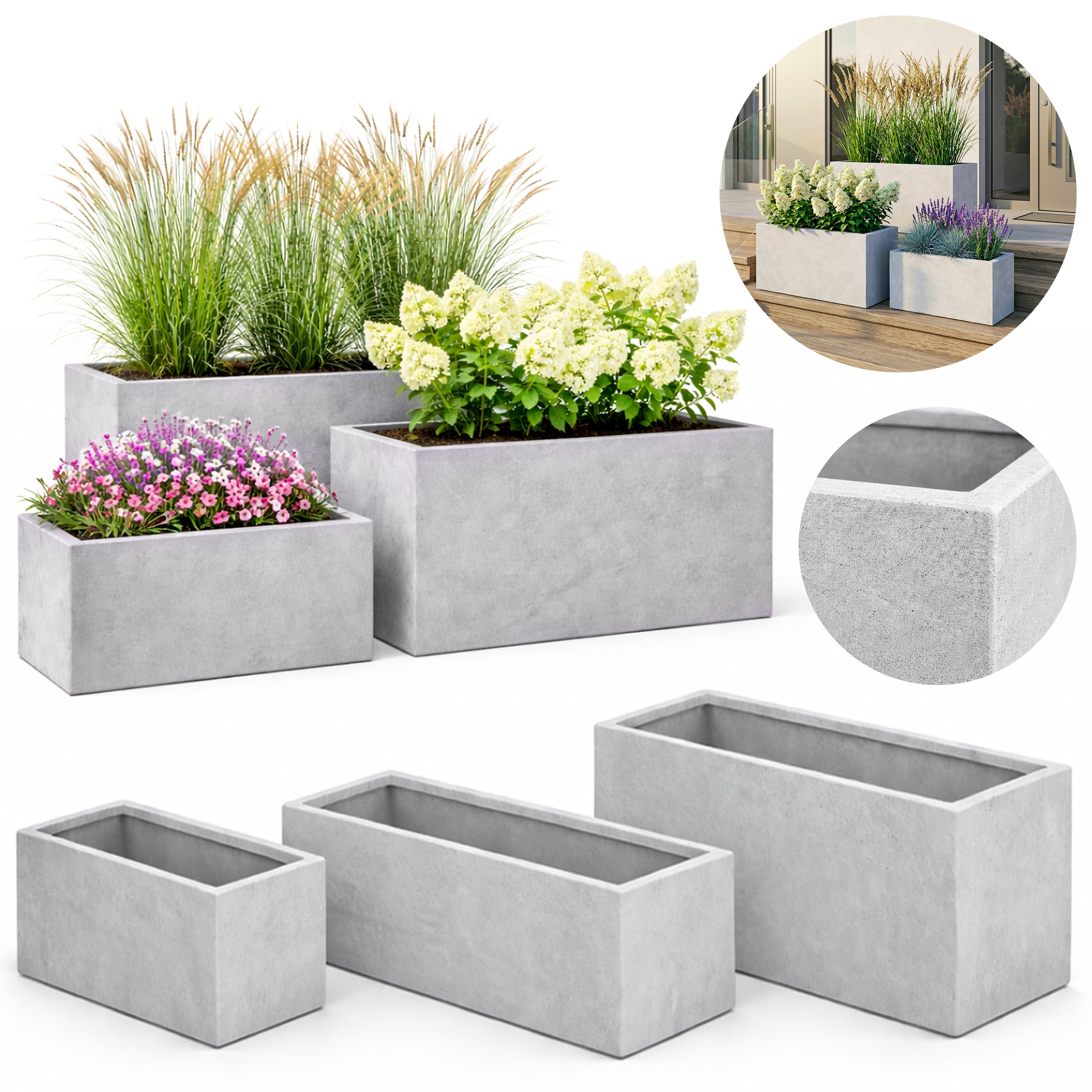 Set of 3 POTS GREY CONCRETE LONGITUDINAL POTS for Flowers Shrubs Garden LARGE
