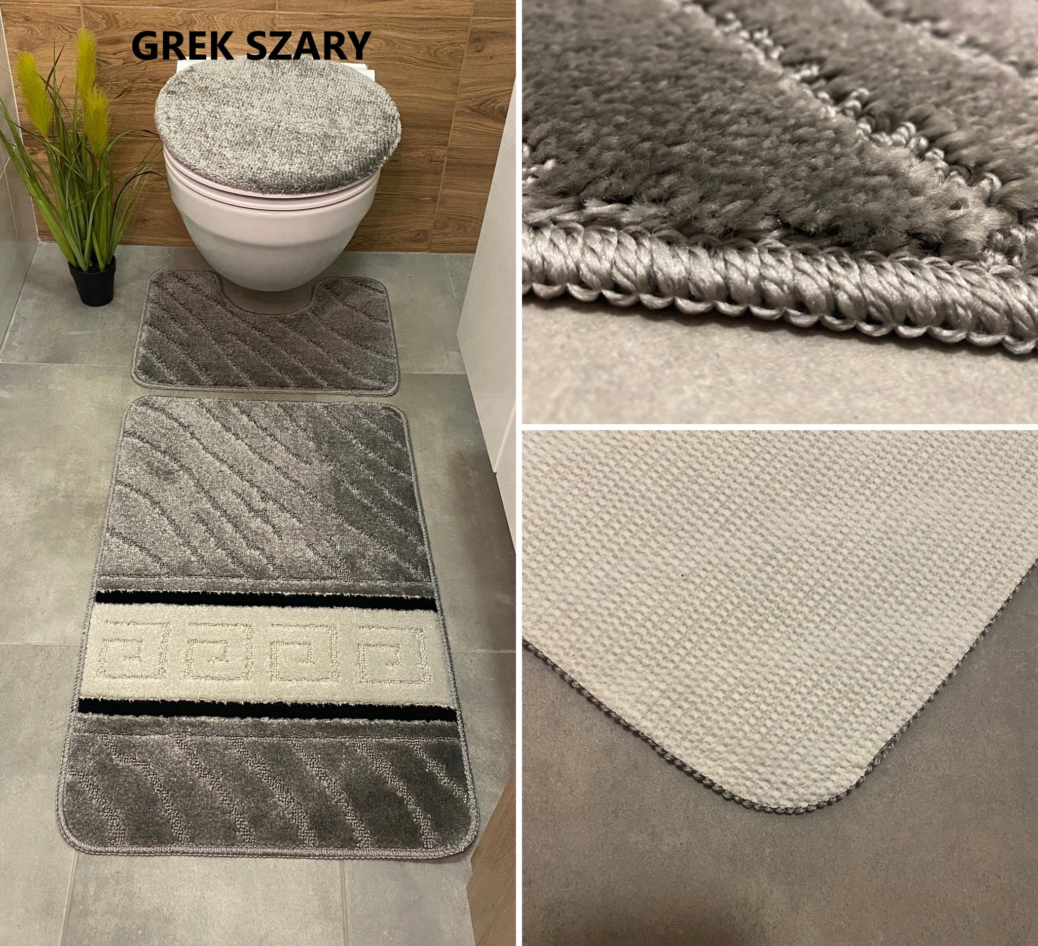 Set of 3-Piece Bathroom Rug Rubberized Quick Drying Mix of Patterns Thickness 12 mm