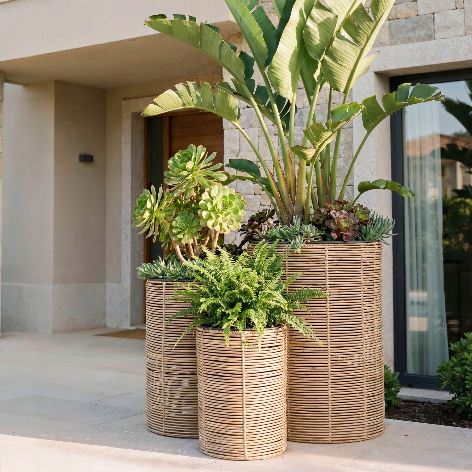 Set of 3 Polyrattan Pots with Refill Garden Pots Balcony Terrace Living Room Material synthetic material