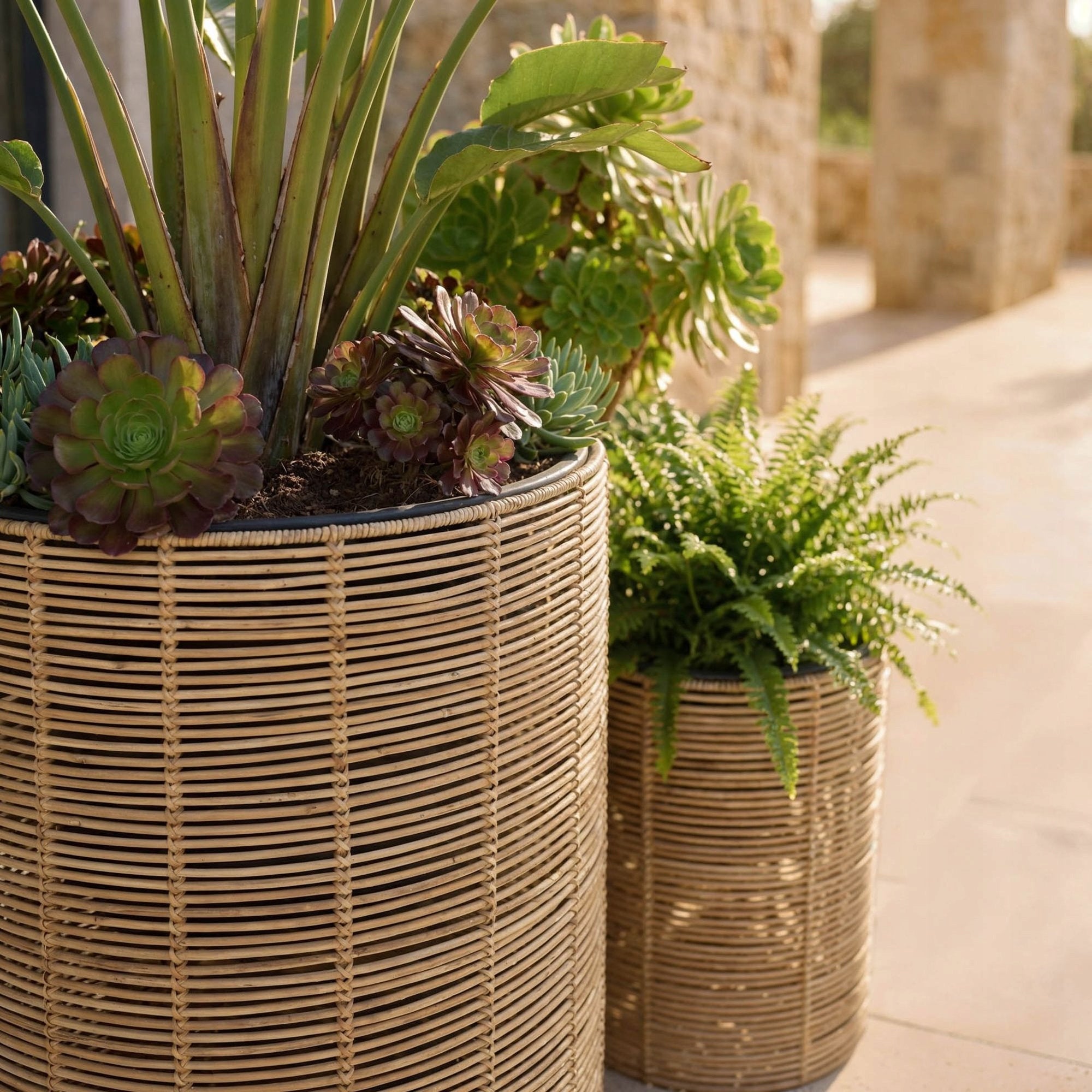 Set of 3 Polyrattan Pots with Refill Garden Pots Balcony Terrace Living Room Shape round