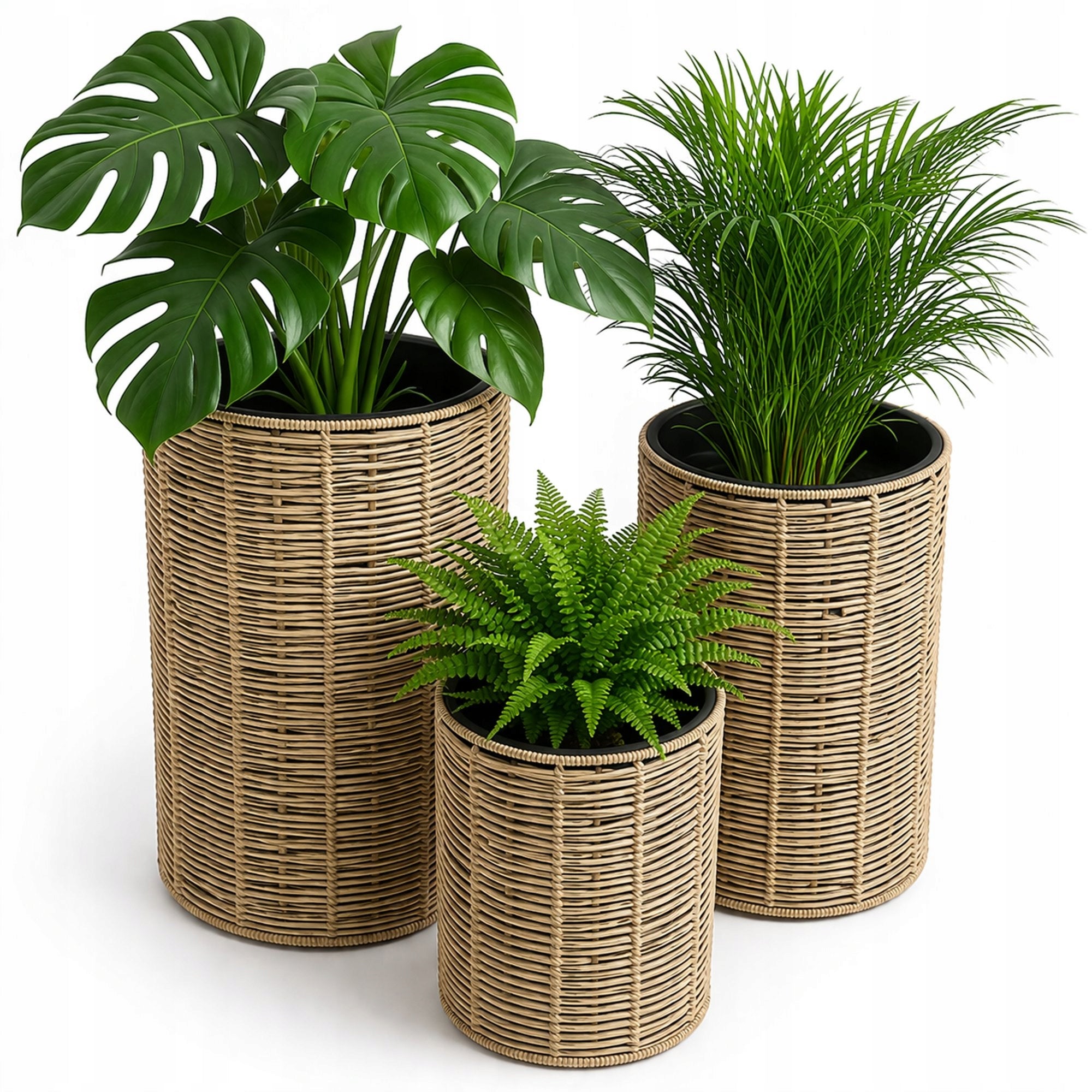 Set of 3 Polyrattan Pots with Refill Garden Pots Balcony Terrace Living Room
