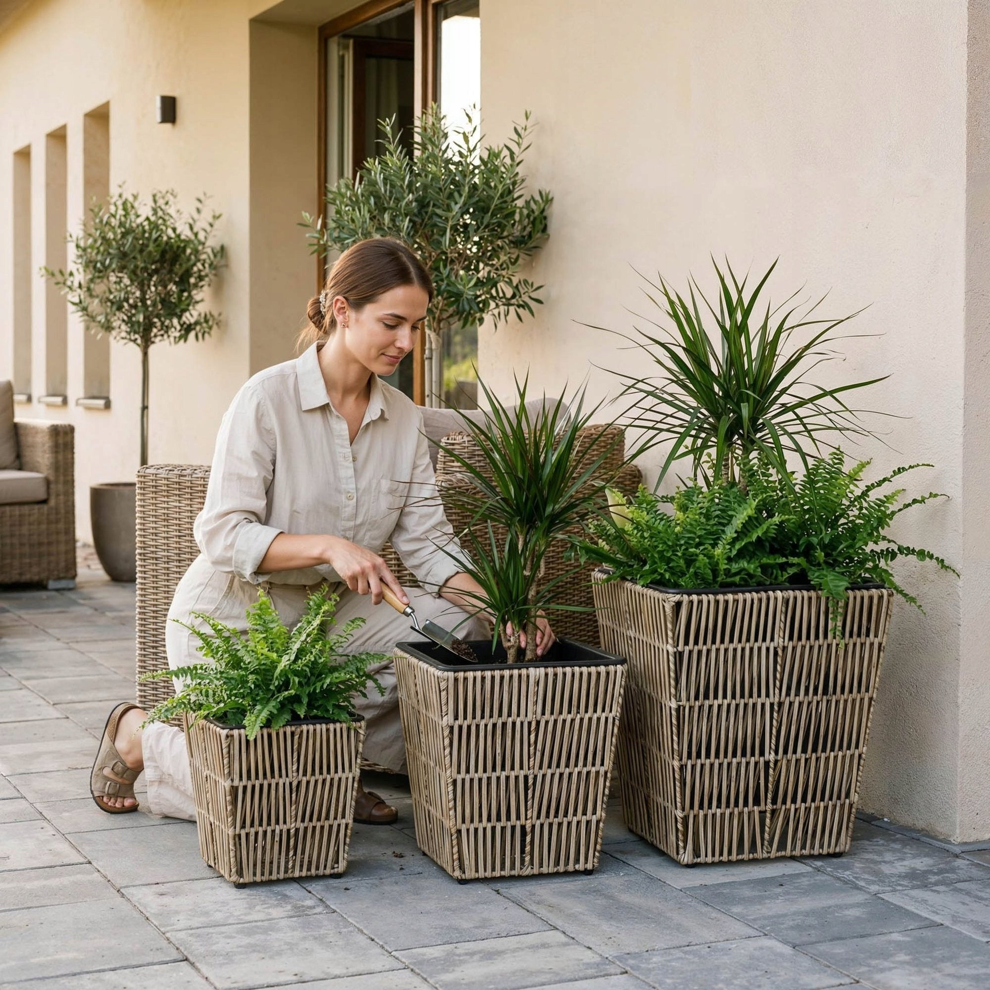 Set of 3 Polyrattan Pots with Refill Garden Pots Balcony Terrace Packaging status original