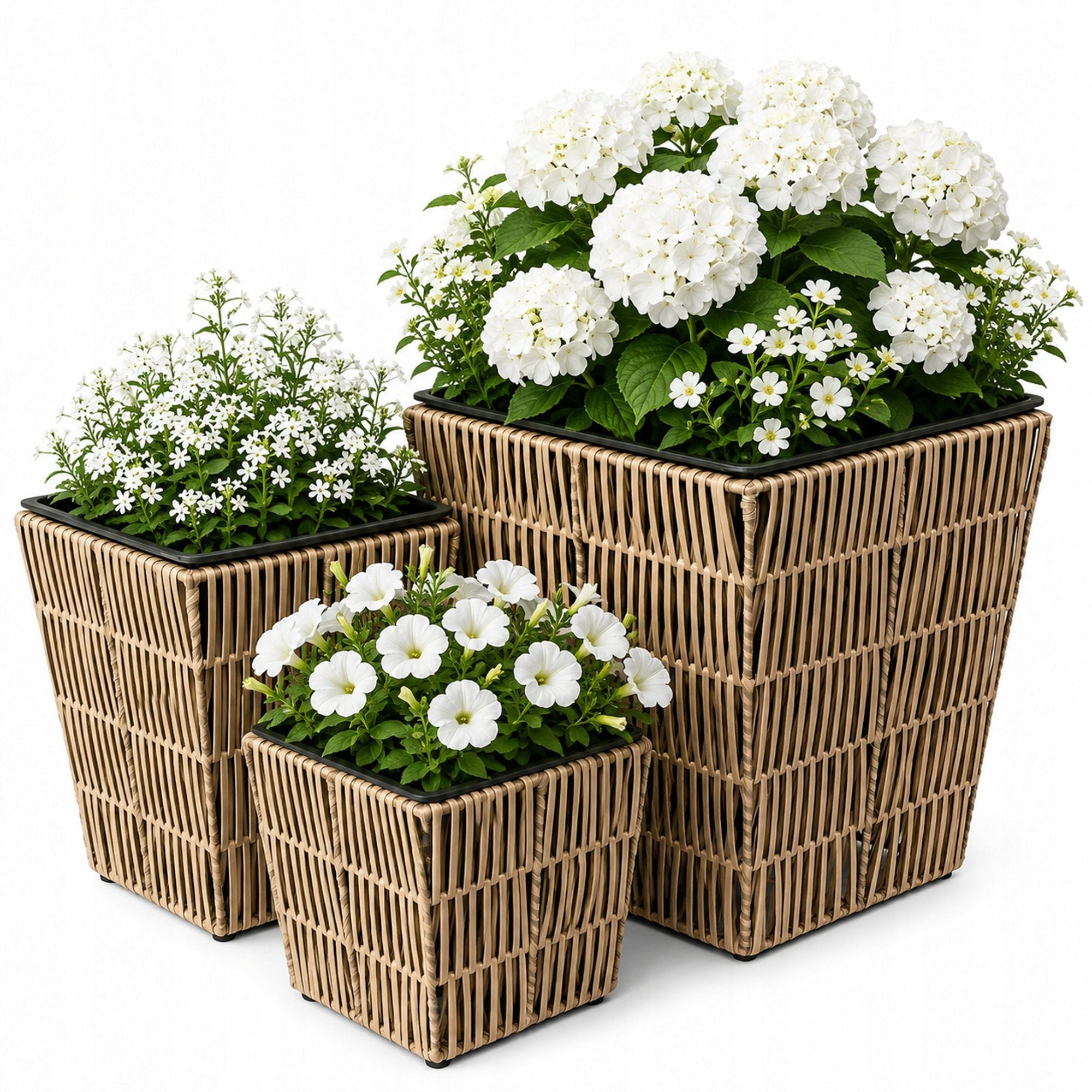 Set of 3 Polyrattan Pots with Refill Garden Pots Balcony Terrace