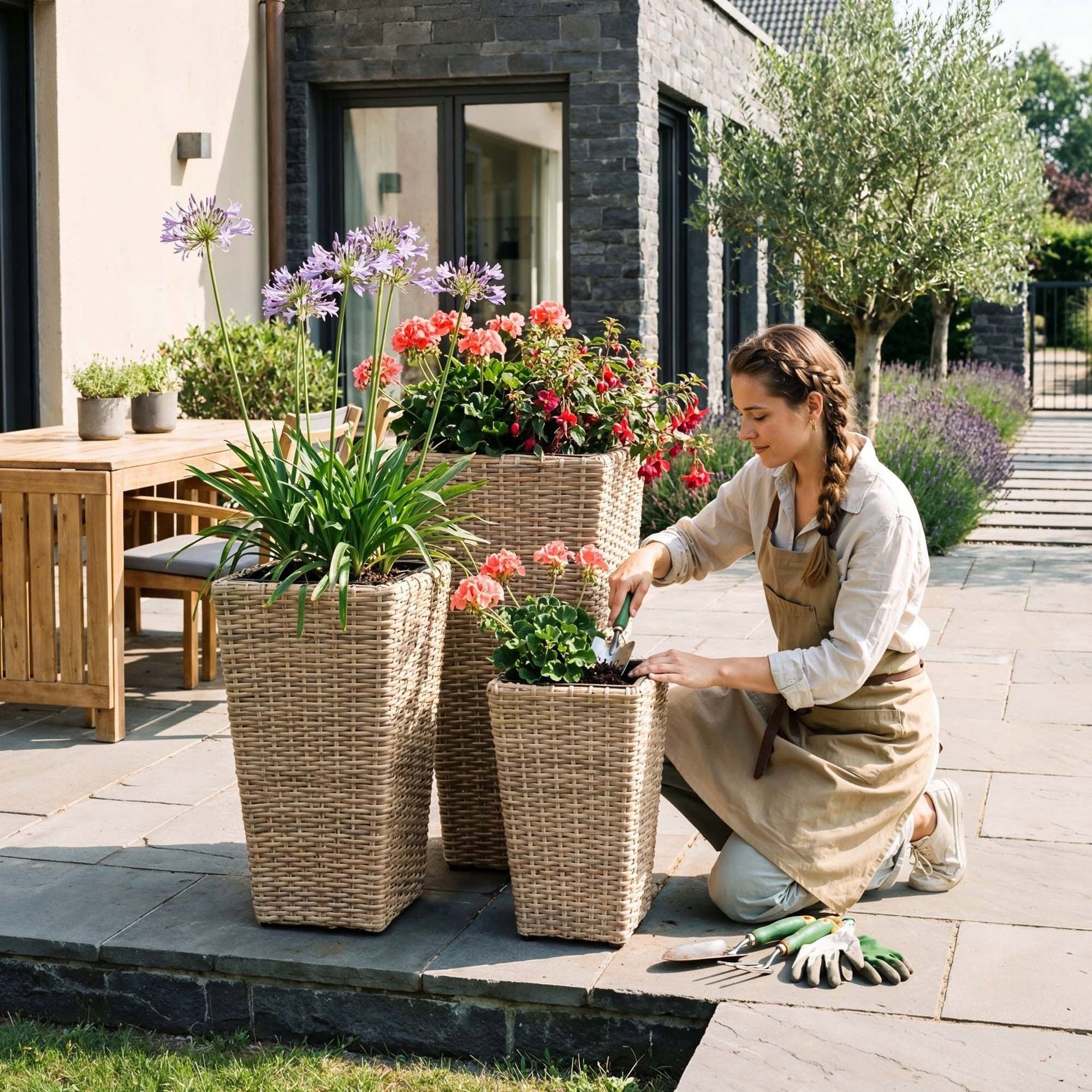 Set of 3 Polyrattan Pots with Refill Garden Pots Terrace Living Room Brand di volio