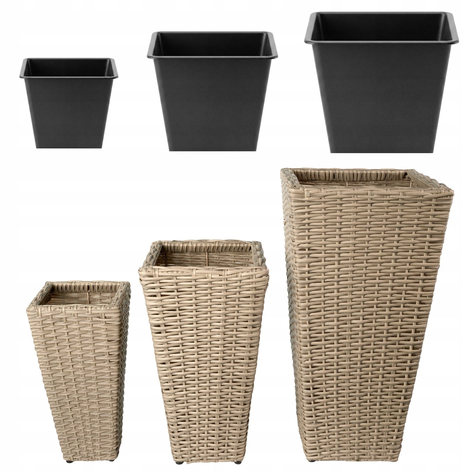 Set of 3 Polyrattan Pots with Refill Garden Pots Terrace Living Room Length 38 cm