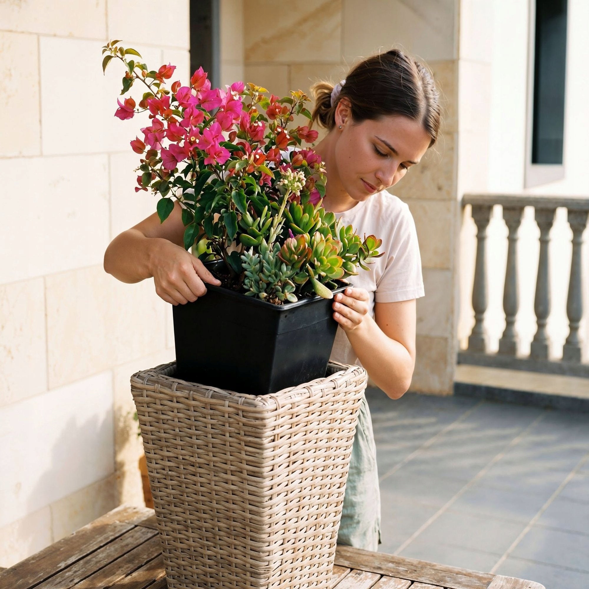 Set of 3 Polyrattan Pots with Refill Garden Pots Terrace Living Room Product height 75 cm