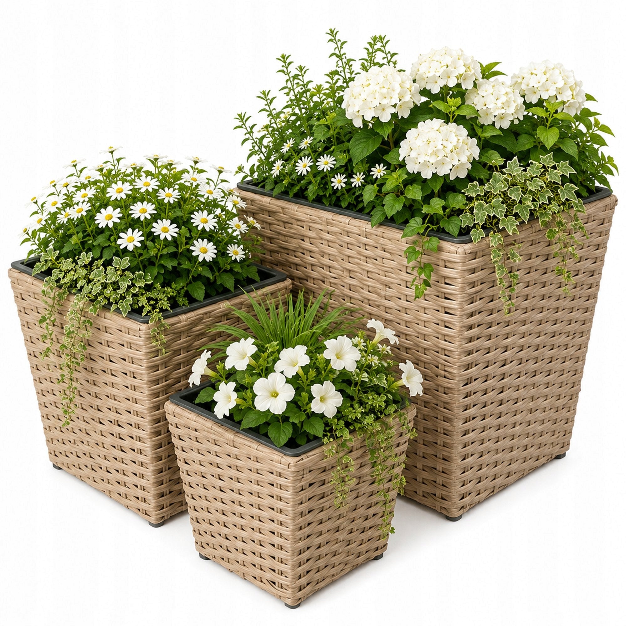 Set of 3 Technorattan Garden Pots with Pot Insert Terrace Living Room