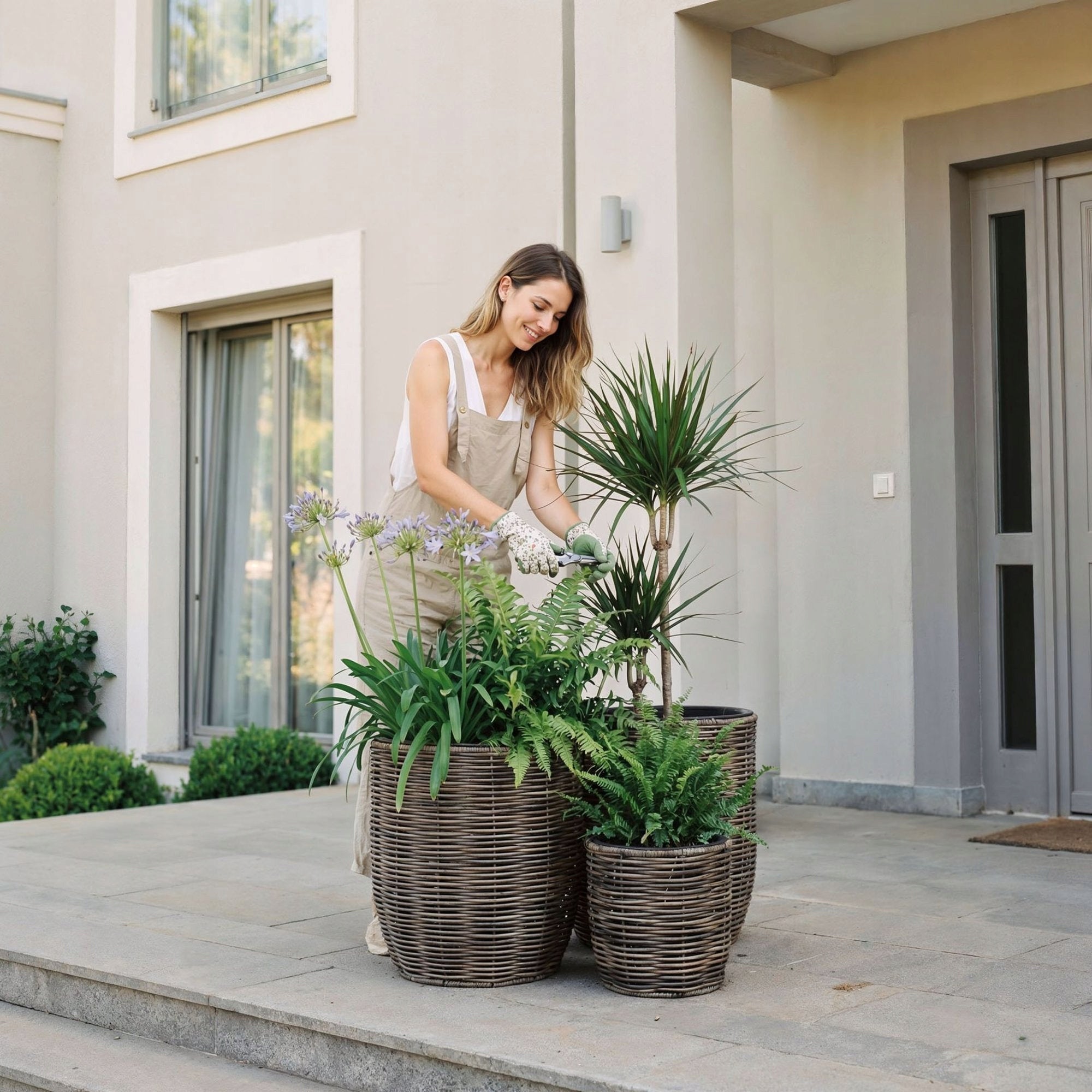 Set of 3 Technorattan Garden Pots with Pot Refill Living Room Terrace Brand di volio