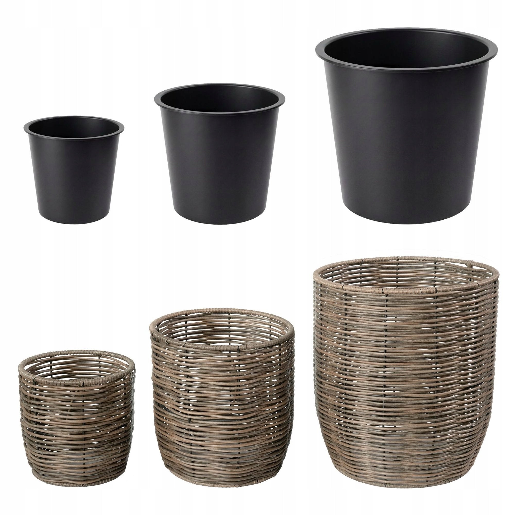 Set of 3 Technorattan Garden Pots with Pot Refill Living Room Terrace Length 34 cm