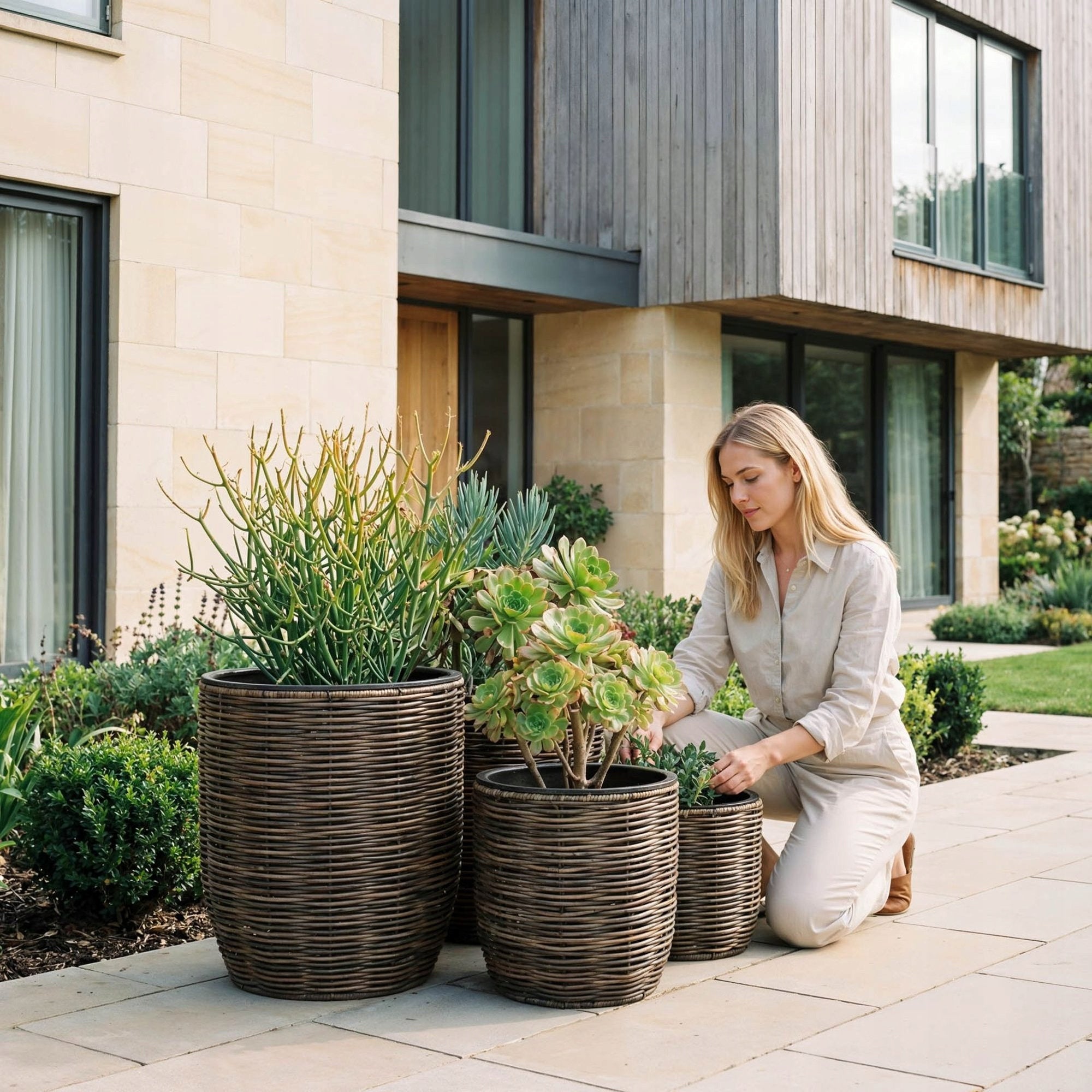 Set of 3 Technorattan Garden Pots with Pot Refill Living Room Terrace Material synthetic material
