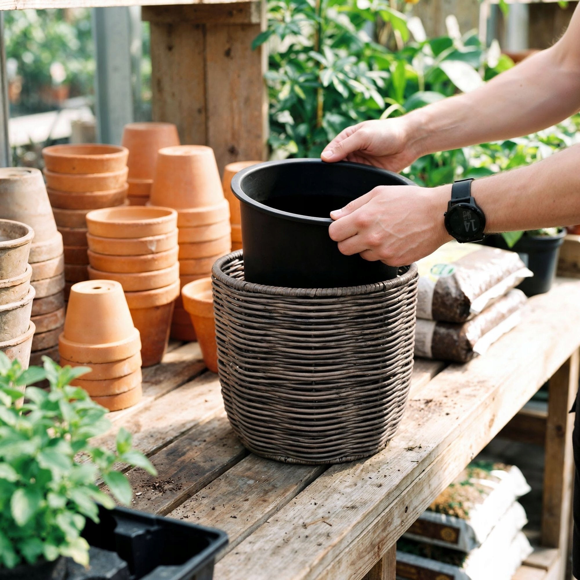Set of 3 Technorattan Garden Pots with Pot Refill Living Room Terrace Product height 38 cm
