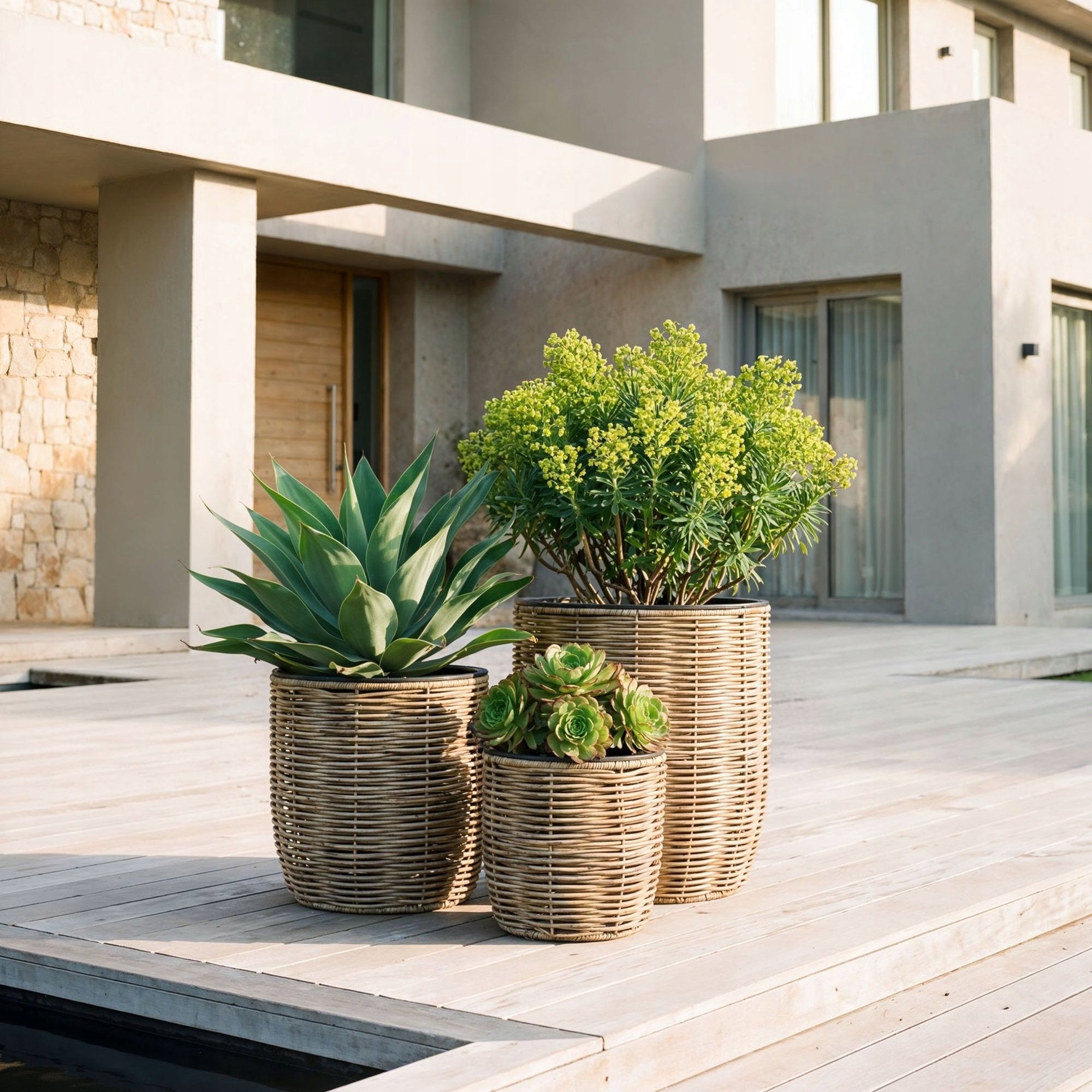 Set of 3 Technorattan Garden Pots with Refill Garden Pots Material synthetic material