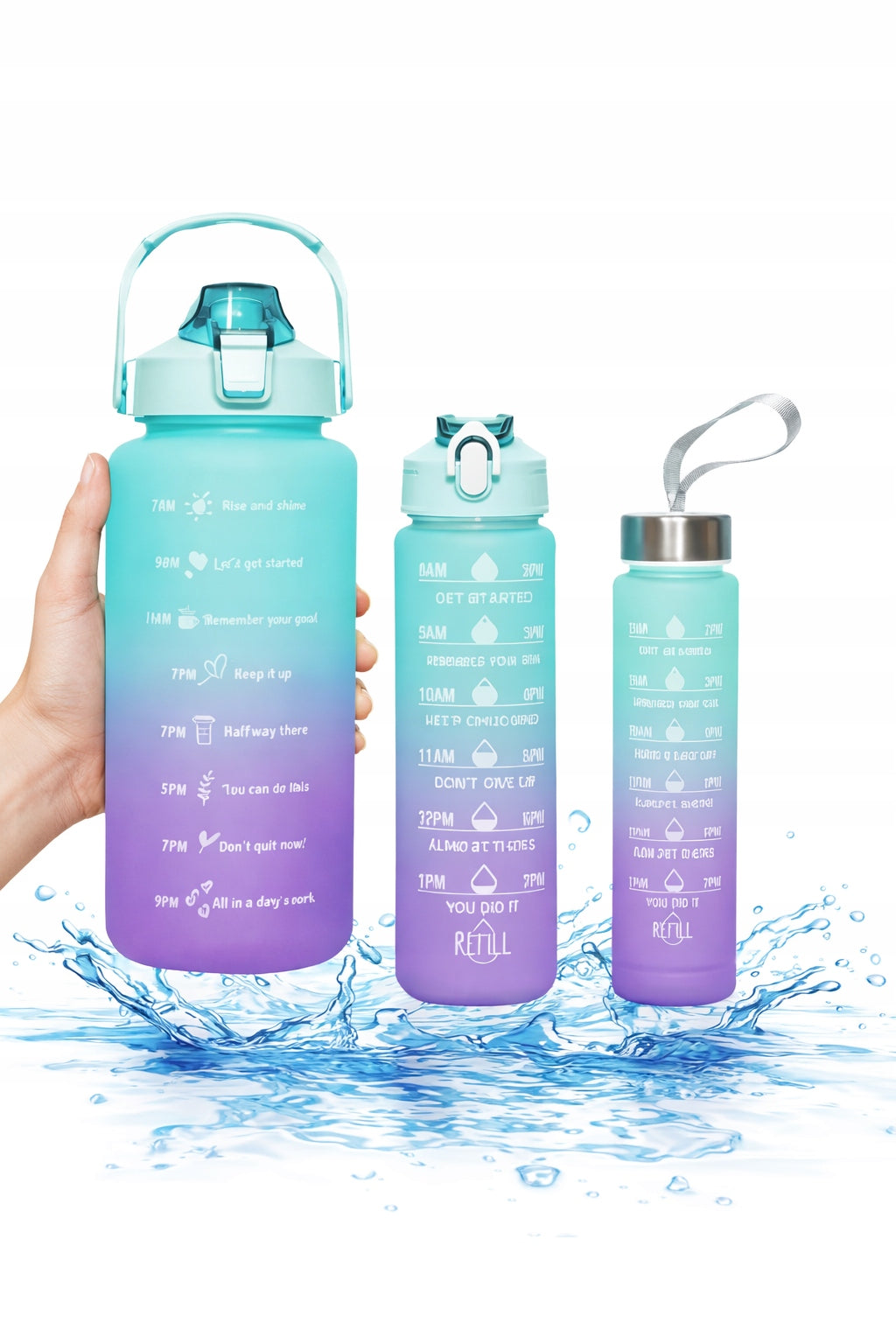 Set of 3 water bottles water bottle motivational training 1500ml+600ml+200ml