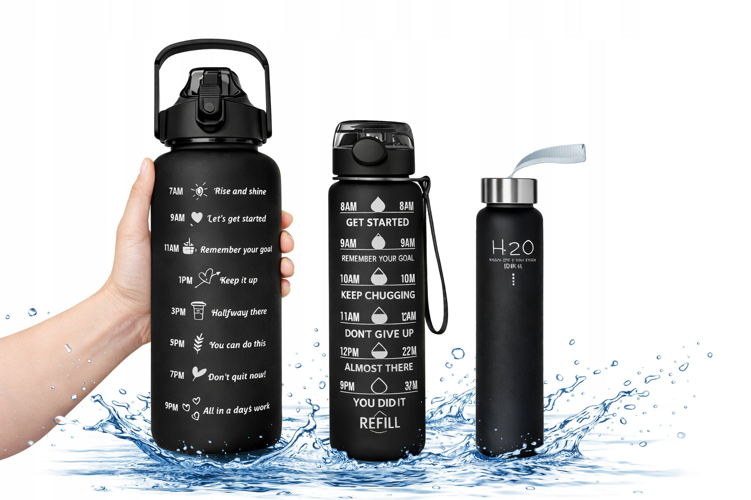 Set of 3 water bottles water bottle motivational training 2000ml+900ml+300ml Volume 3200 ml