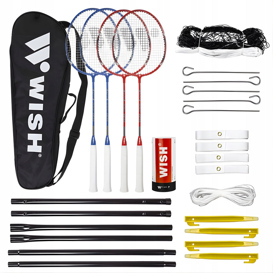 Set of 4 Badminton Rackets Nylon Darts + Mesh + Posts WISH Brand Wish