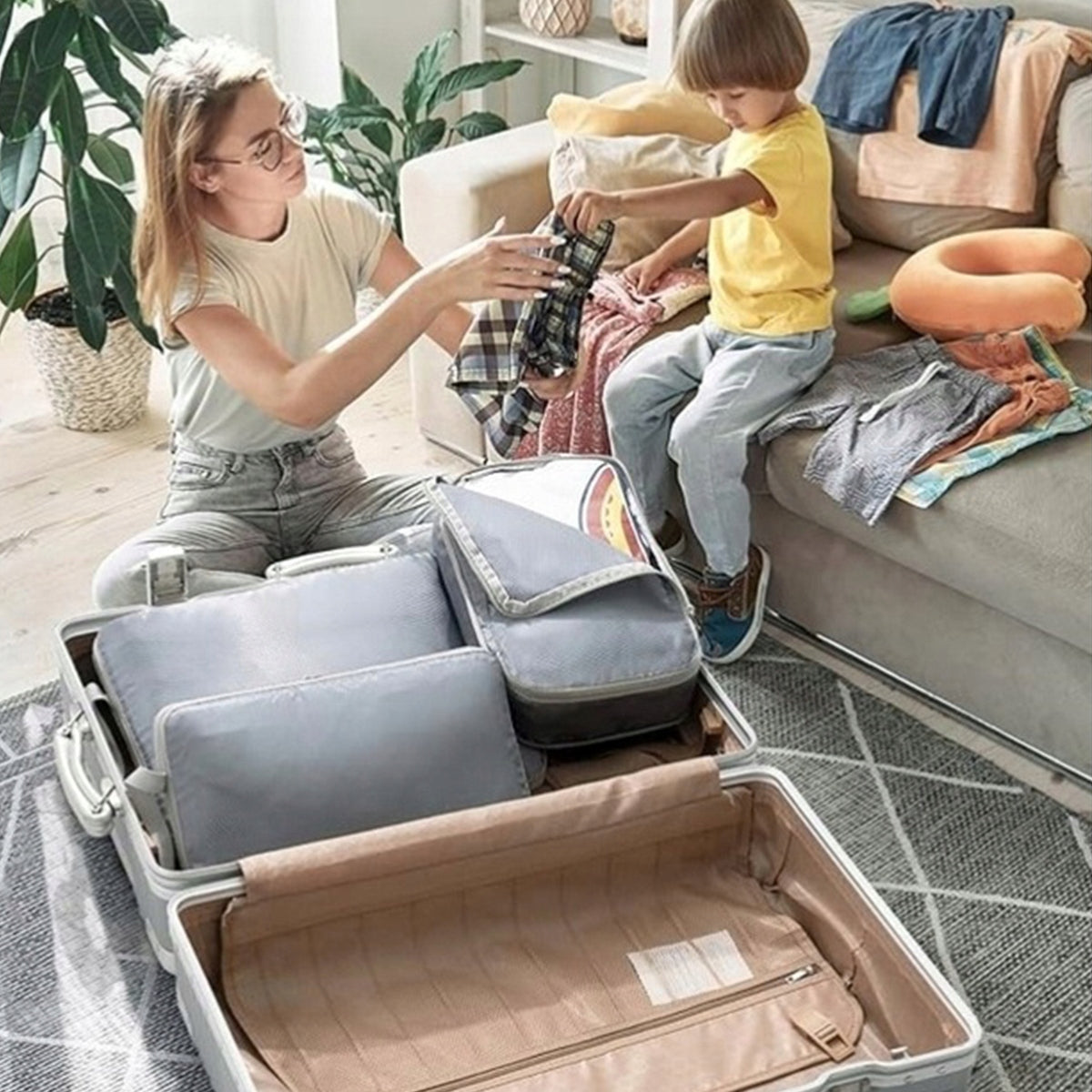 Set of 4 Travel Case Compression Luggage Organizer Grey Color gray