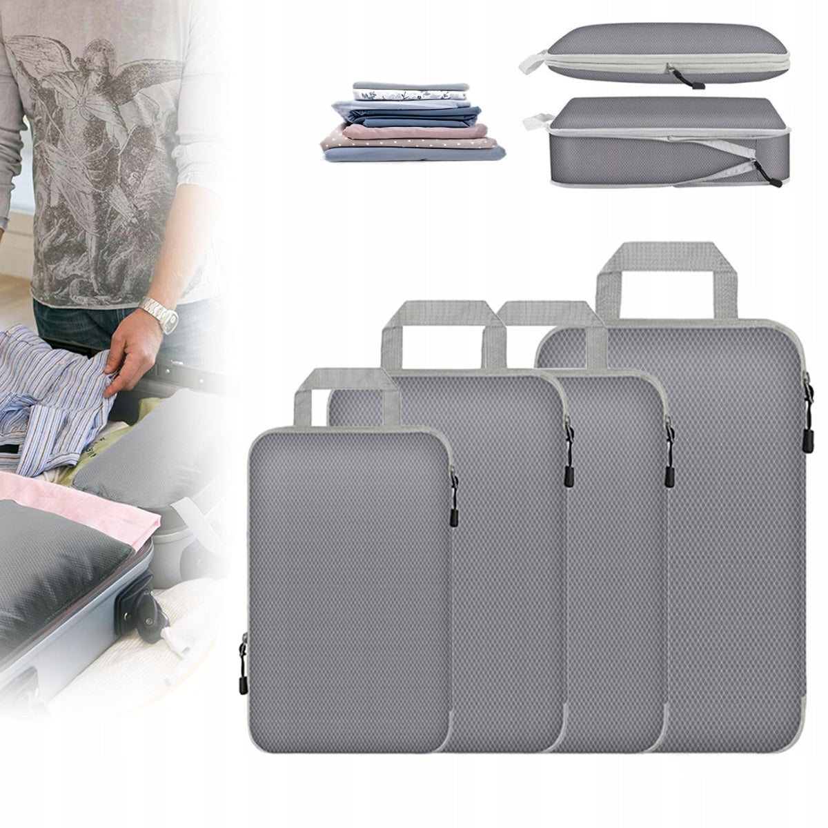 Set of 4 Travel Case Compression Luggage Organizer Grey