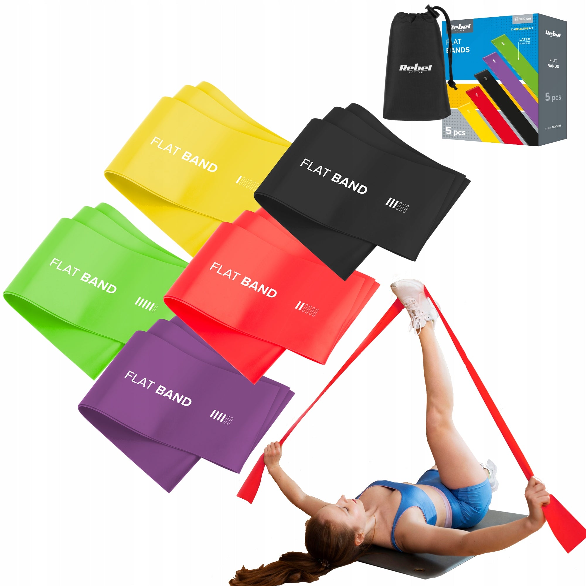Set of 5 Rubber Exercise Bands Rehabilitation Fitness Band 2M Rebel