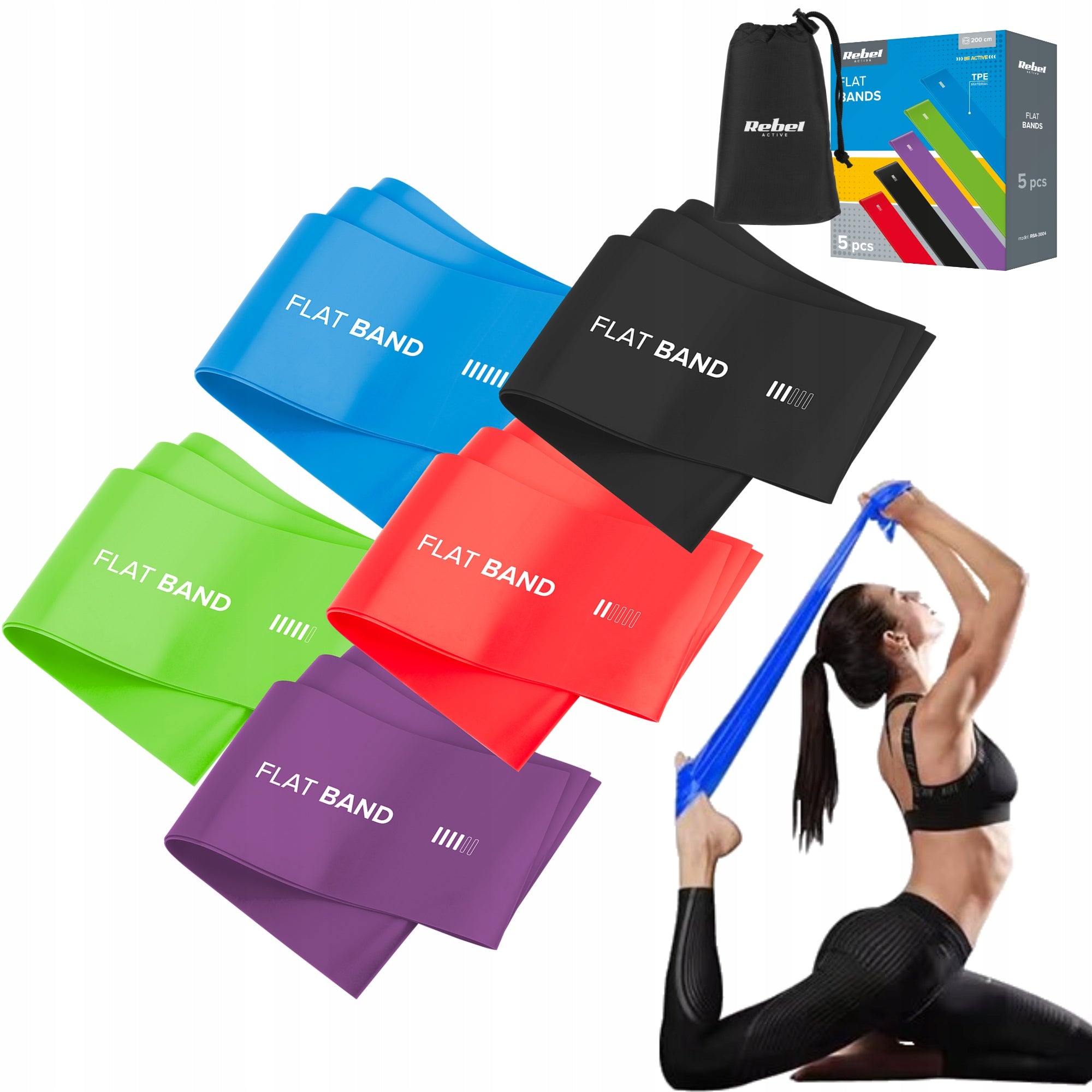 Set of 5 Rubber Exercise Bands Rehabilitation Fitness Band 2M Rebel