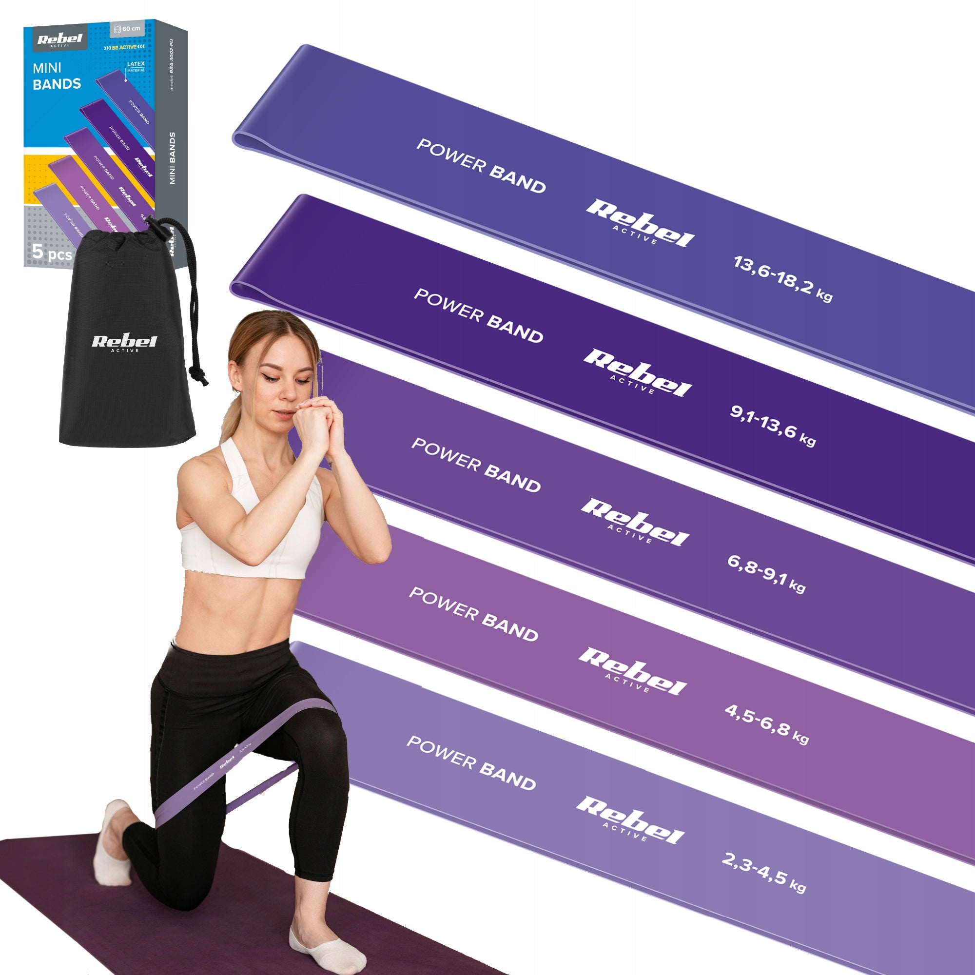 Set of 5 Rubber Exercise Bands Rehabilitation Fitness Band Rebel