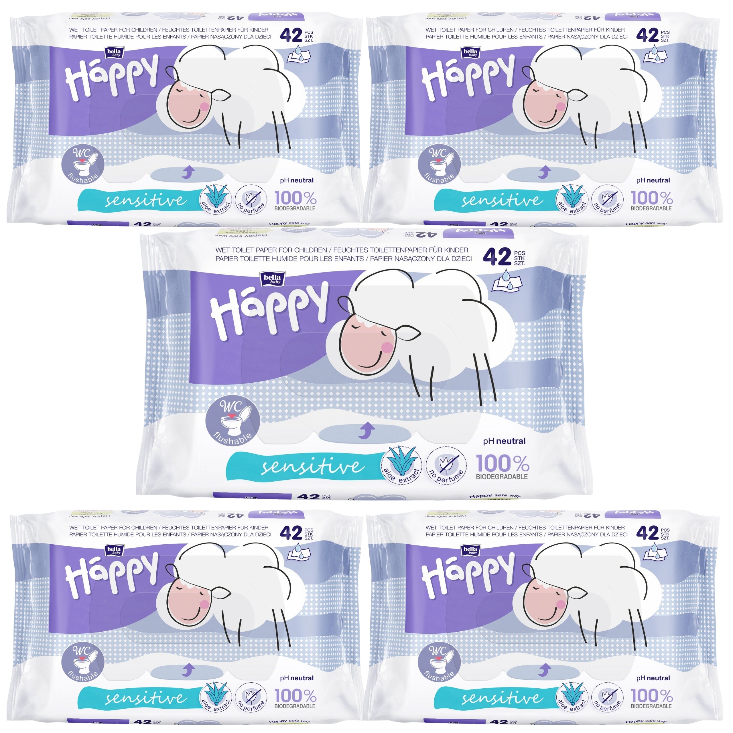 Set of 5x MOISTENED TOILET PAPER WITH ALOE VERA BELLA BABY HAPPY 42 PCS.