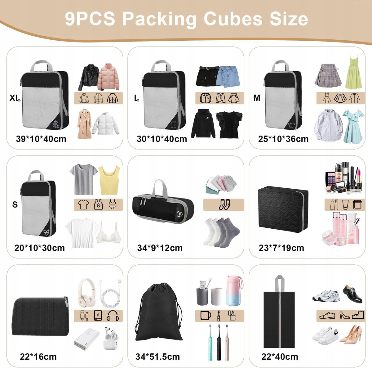 Set of 9 Compression Organizers for Suitcase Black Waterproof Color black