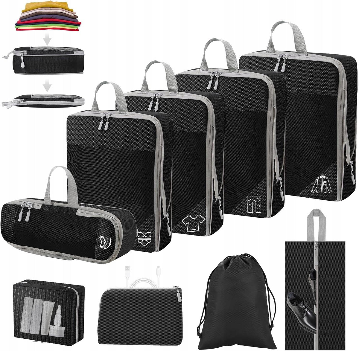 Set of 9 Compression Organizers for Suitcase Black Waterproof
