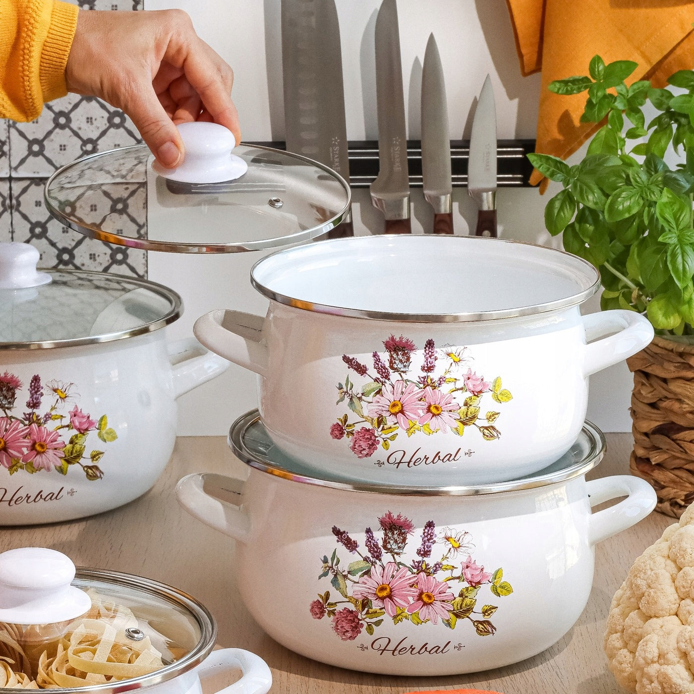 Set of ENAMEL POTS LID Tadar Herbal 8 el 16/18/20/22 cm Color multicolor