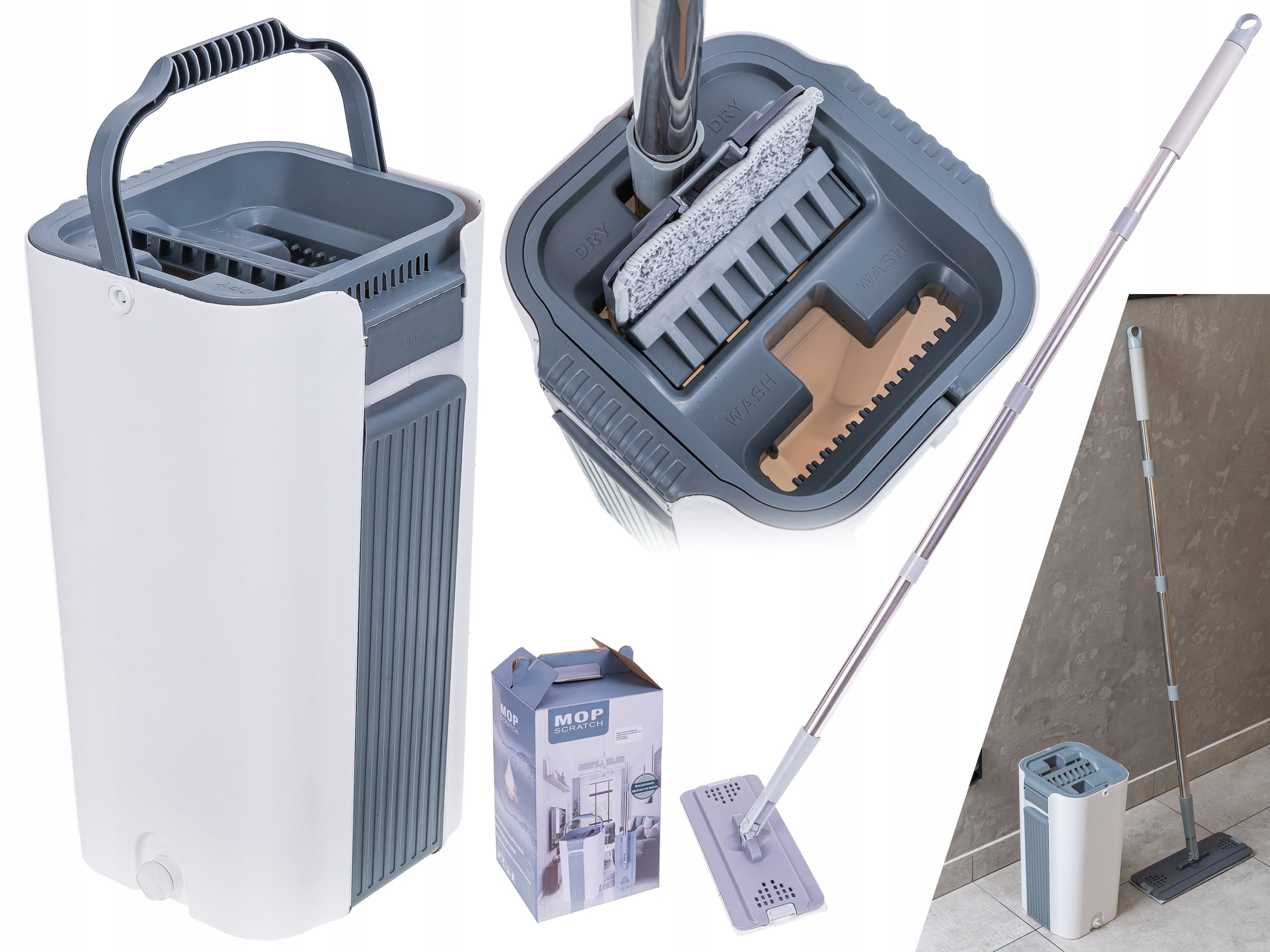 Set of Flat Mop with Two-Chamber Bucket Squeezer 2x Microfiber
