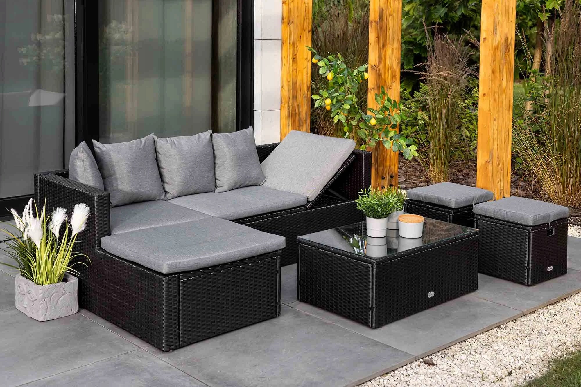 Set of Garden Furniture Black Corner Poufs Table Technorattan di volio Number of people 6