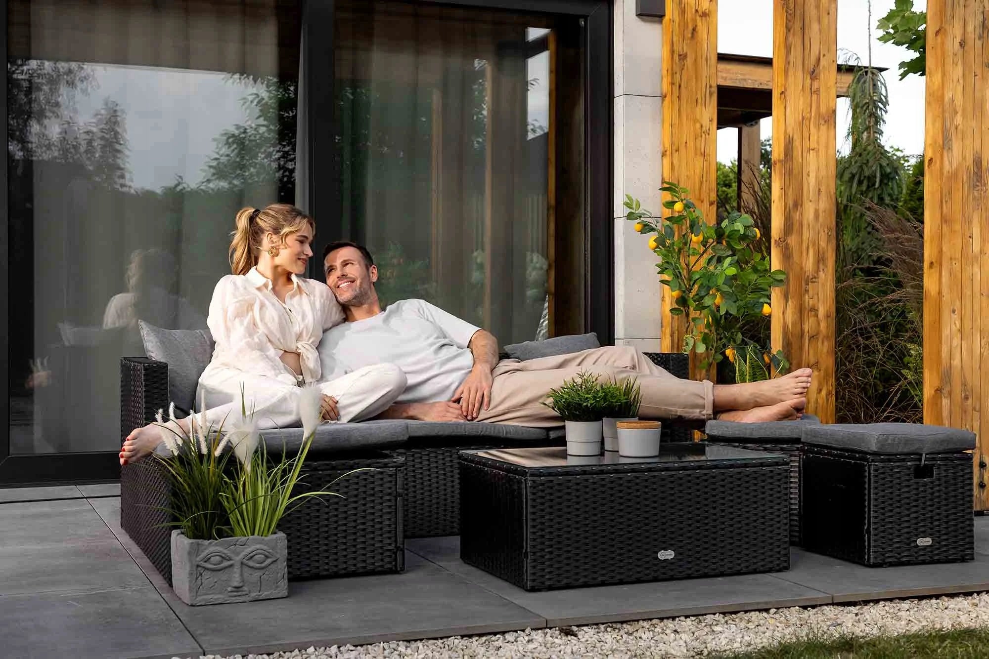 Set of Garden Furniture Black Corner Poufs Table Technorattan di volio Set contents corner sofa low coffee table pouf