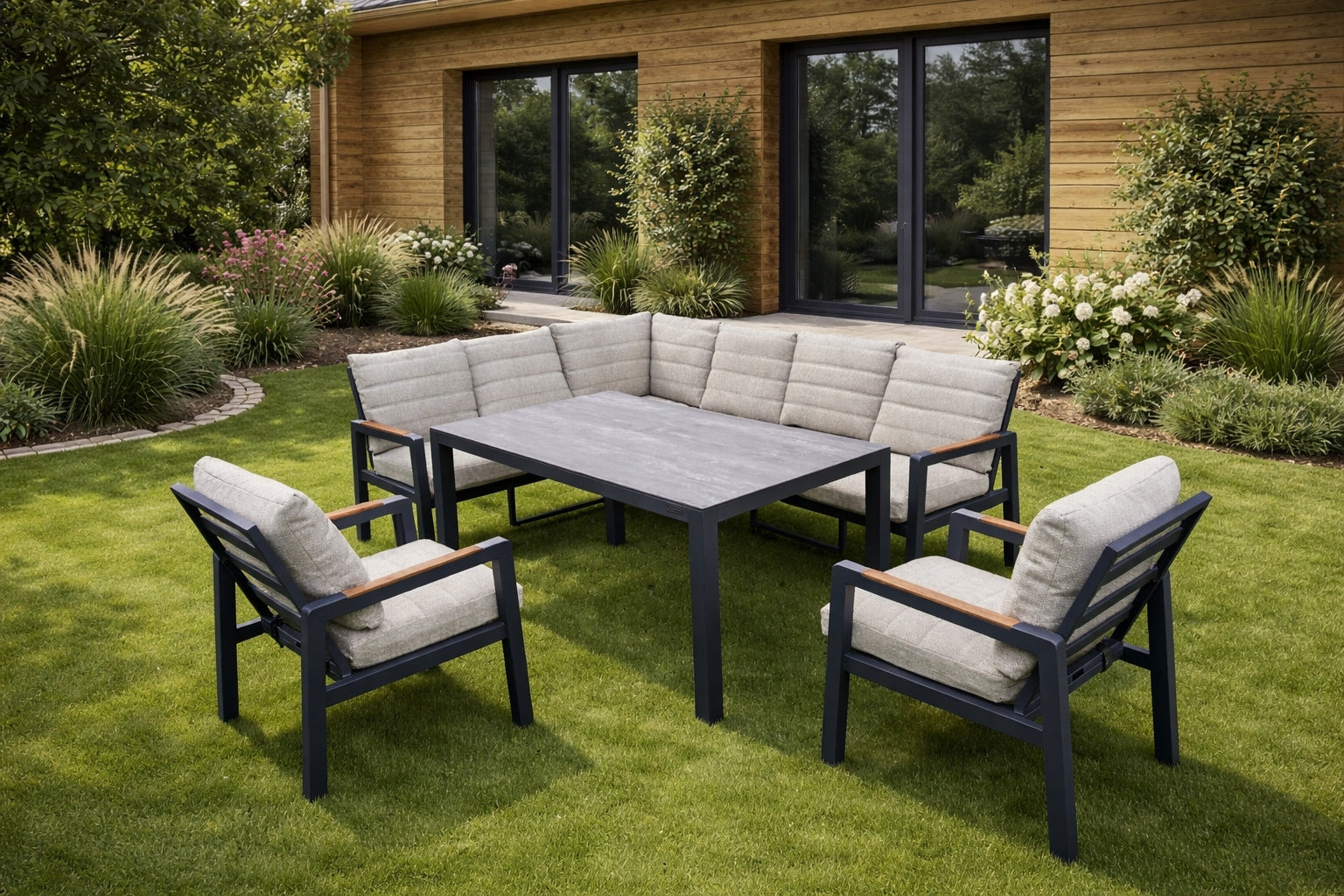 Set of Garden Furniture Modular Aluminum Corner Table 2 Graphite Armchairs Packaging status original