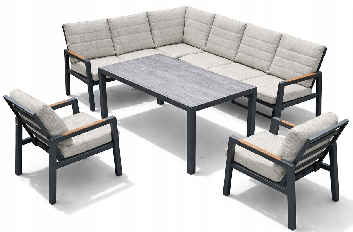 Set of Garden Furniture Modular Aluminum Corner Table 2 Graphite Armchairs