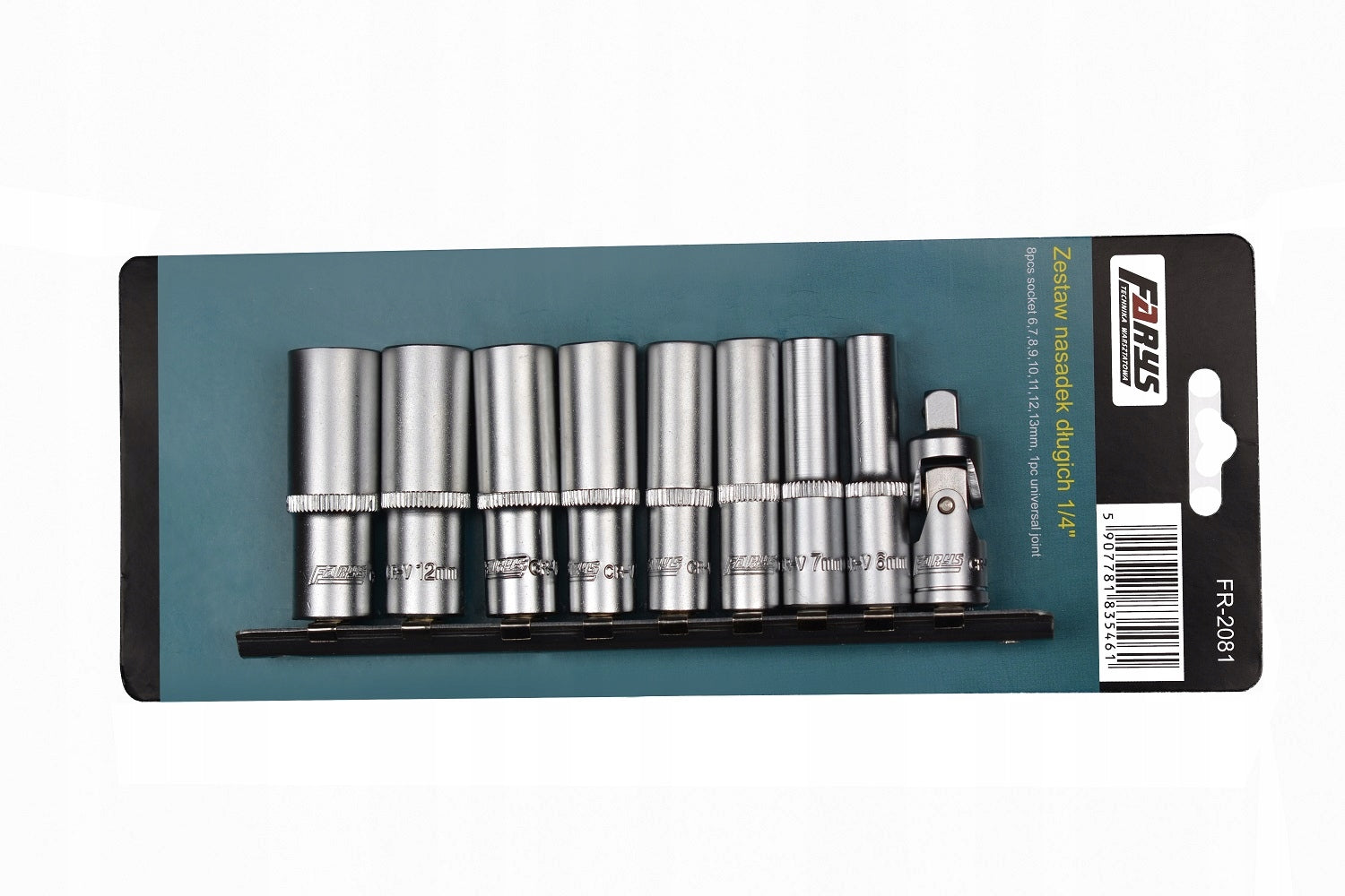 Set of Long Caps 1/4” 6 – 13 mm 6-angle + Cardan Joint Farys Key type socket