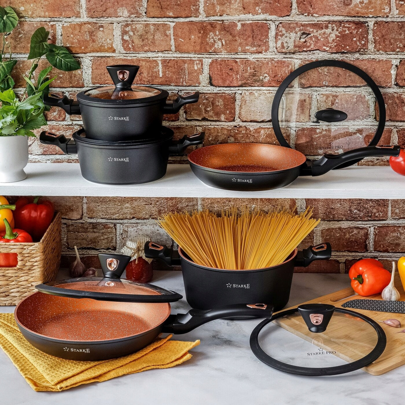 Set of Marble Pan Pots with LIDS Starke Pro Dark Copper 10el Additional color orange